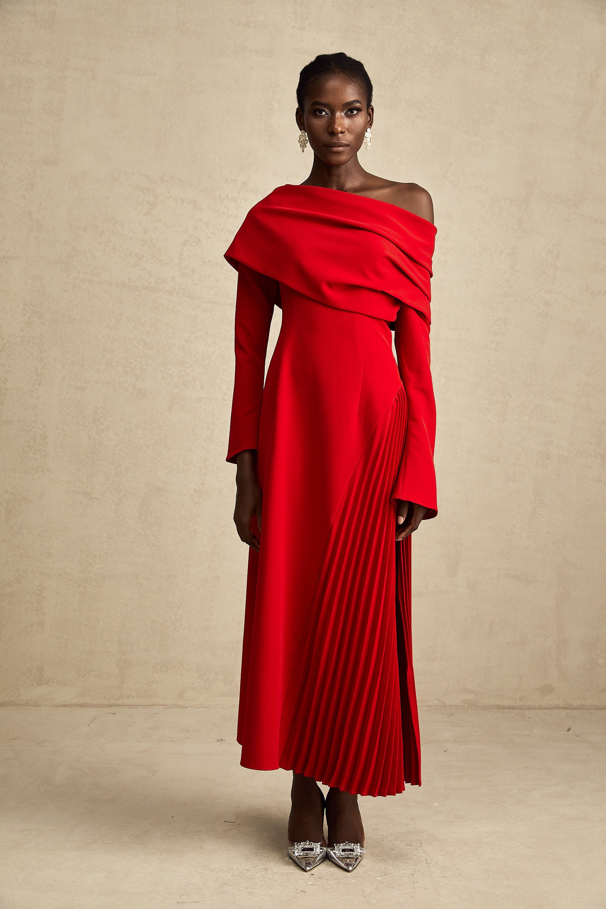 Valentine Red Pleated Maxi Dress with High Slit (Final Sale-US Only)