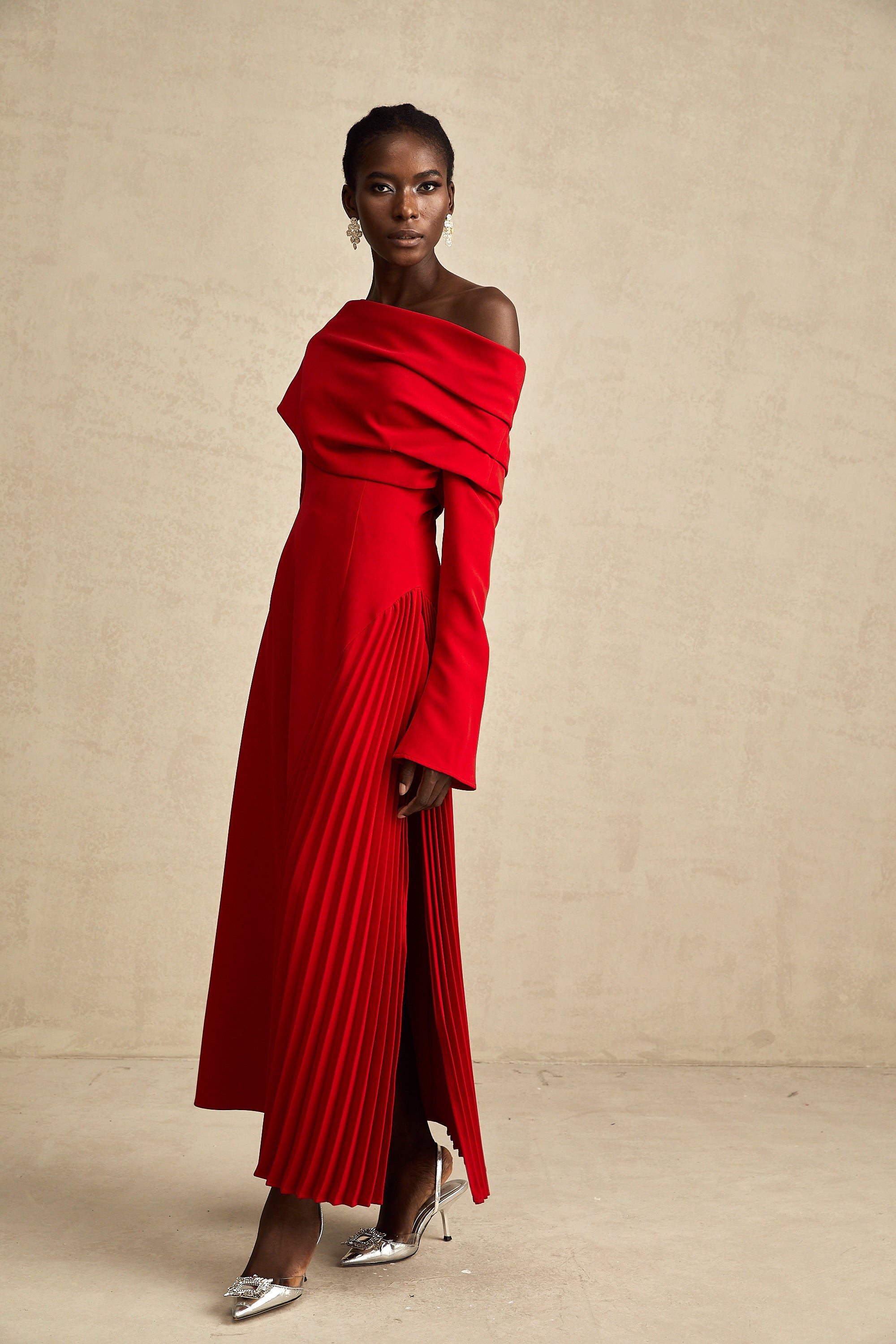 Valentine Red Pleated Maxi Dress with High Slit (Final Sale-US Only)