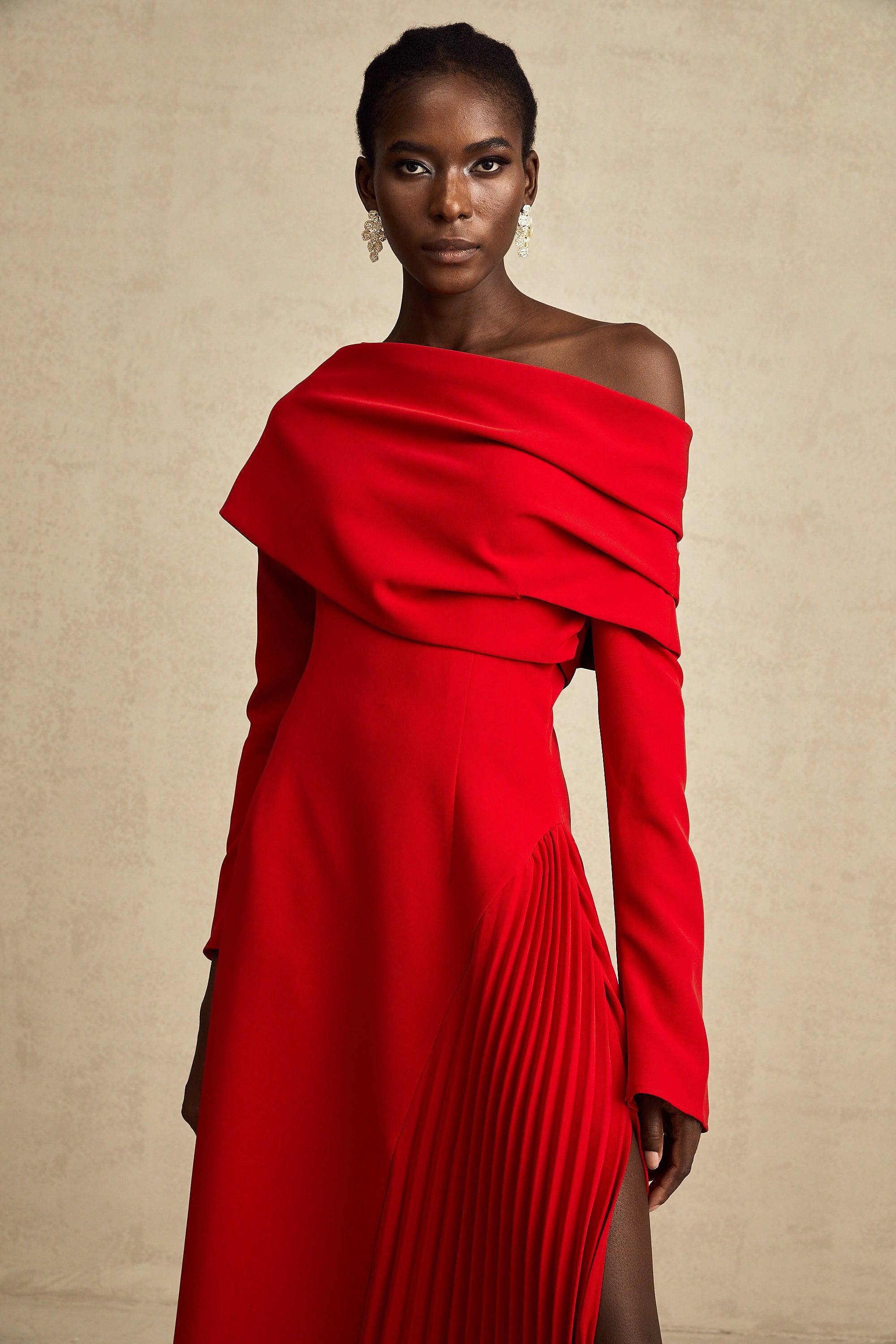 Valentine Red Pleated Maxi Dress with High Slit (US Only)