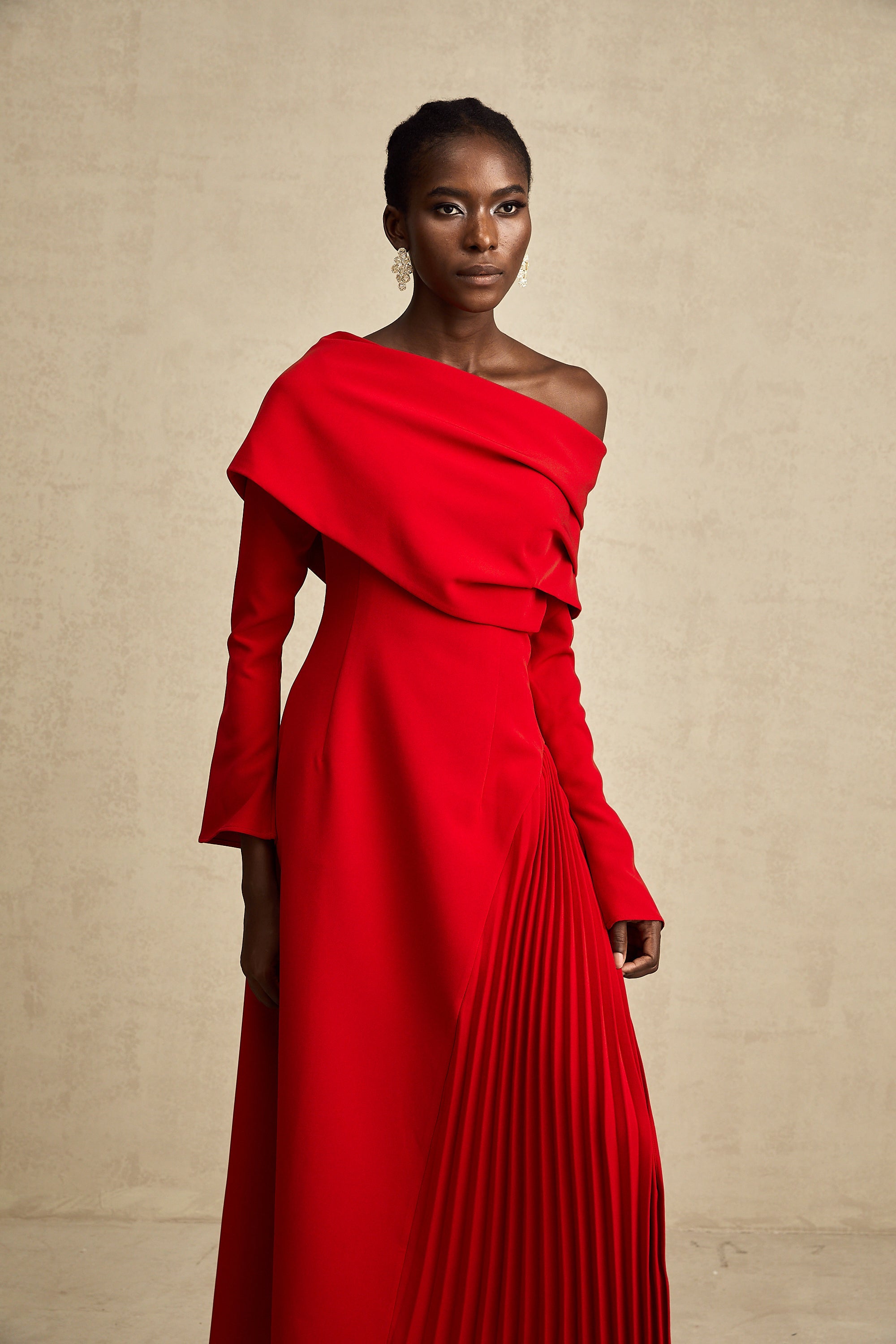 Valentine Red Pleated Maxi Dress with High Slit (Final Sale-US Only)