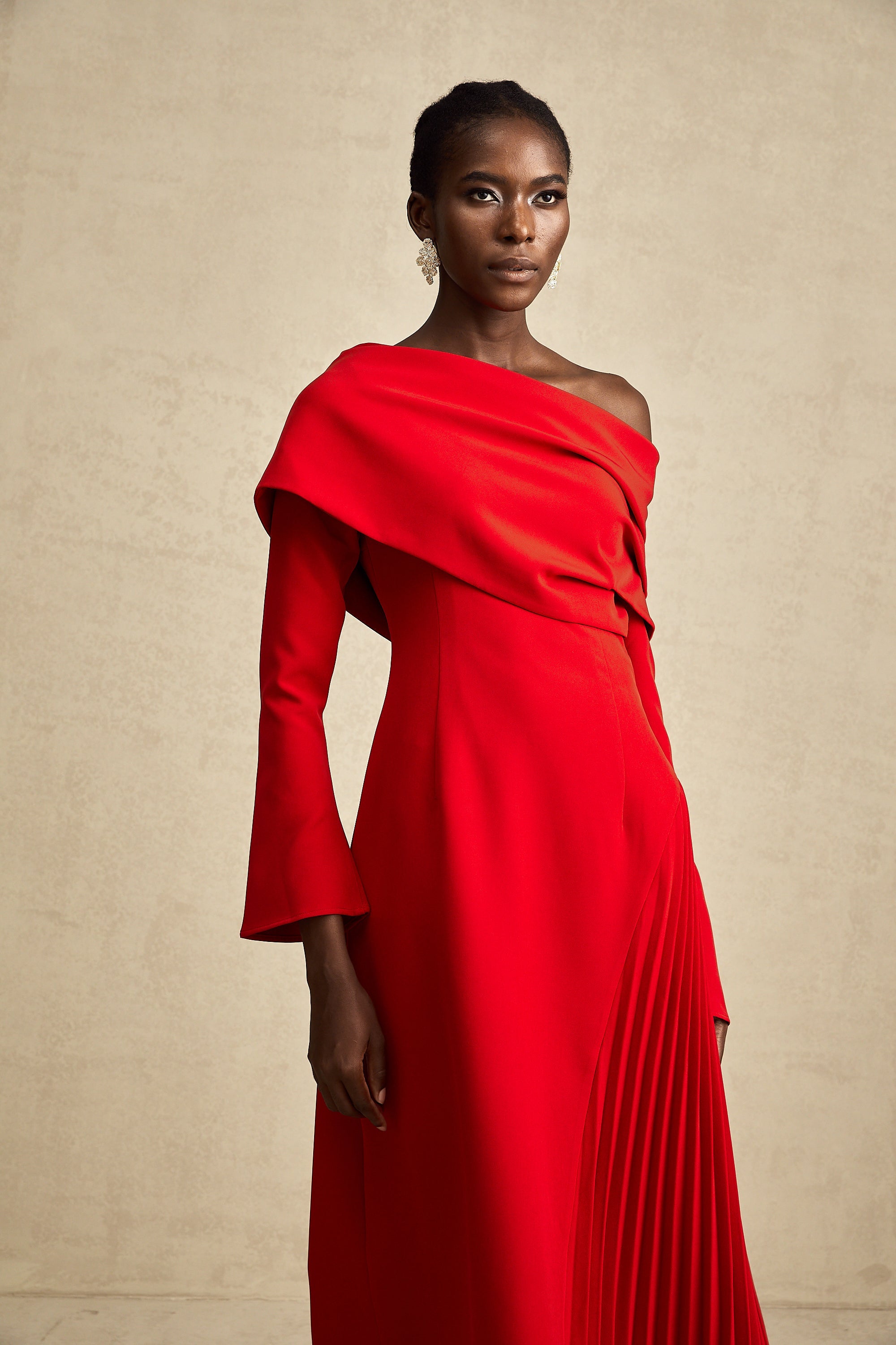 Valentine Red Pleated Maxi Dress with High Slit (Final Sale-US Only)