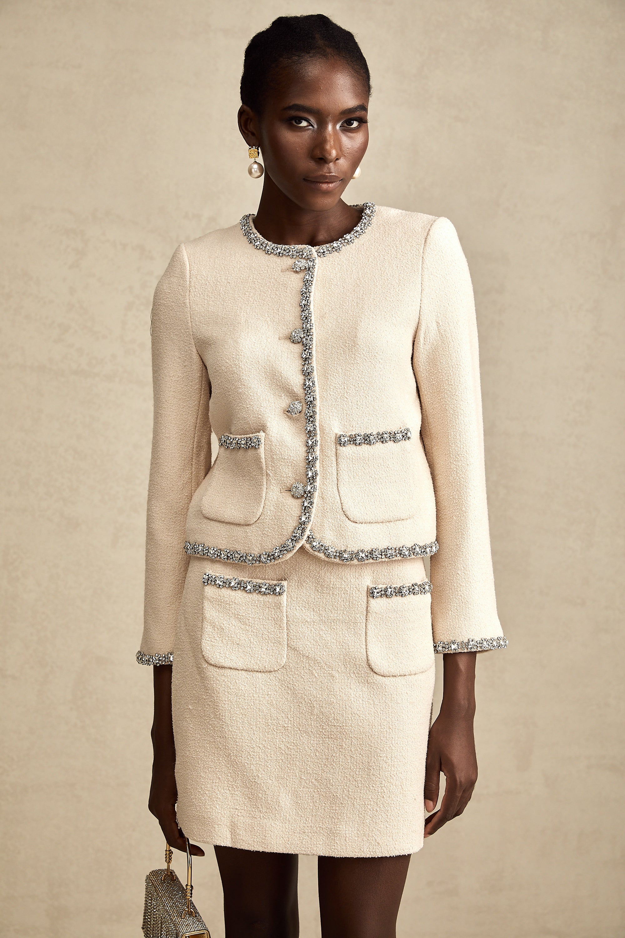 Elisabeth beige crystal tweed cardigan & skirt matching set