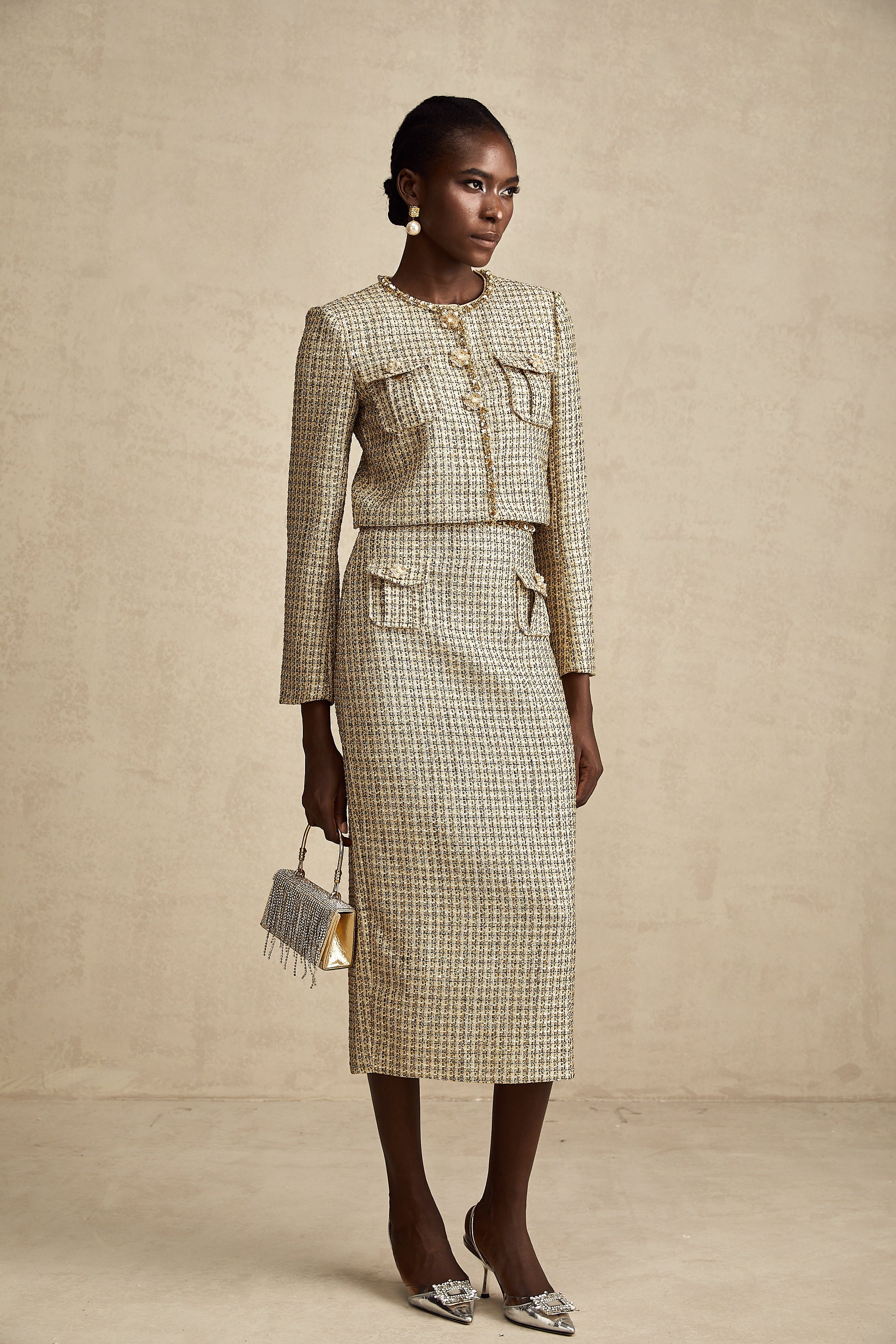 Aëlle gold tweed sequin jacket & skirt matching set