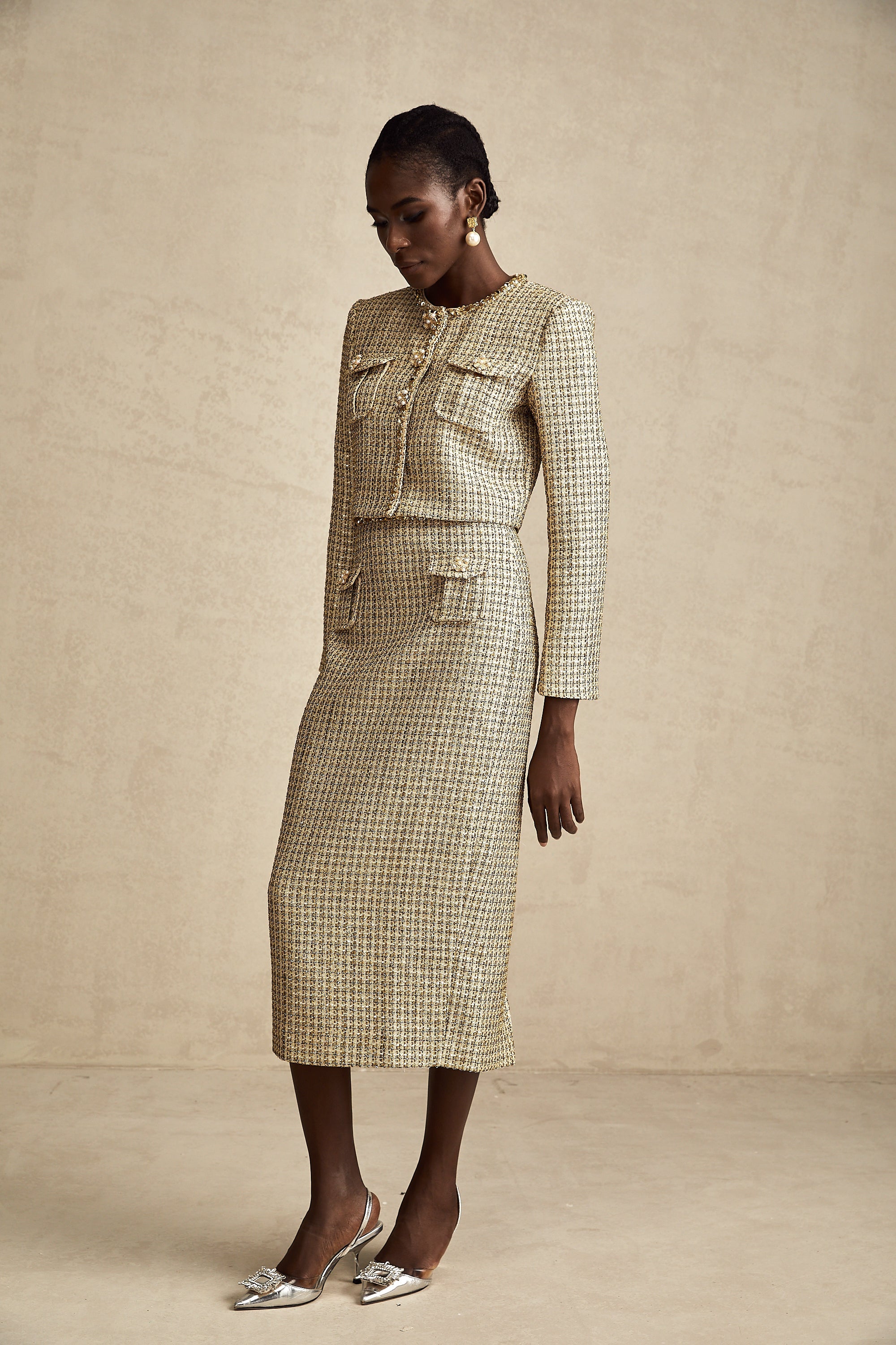 Aëlle gold tweed sequin jacket & skirt matching set