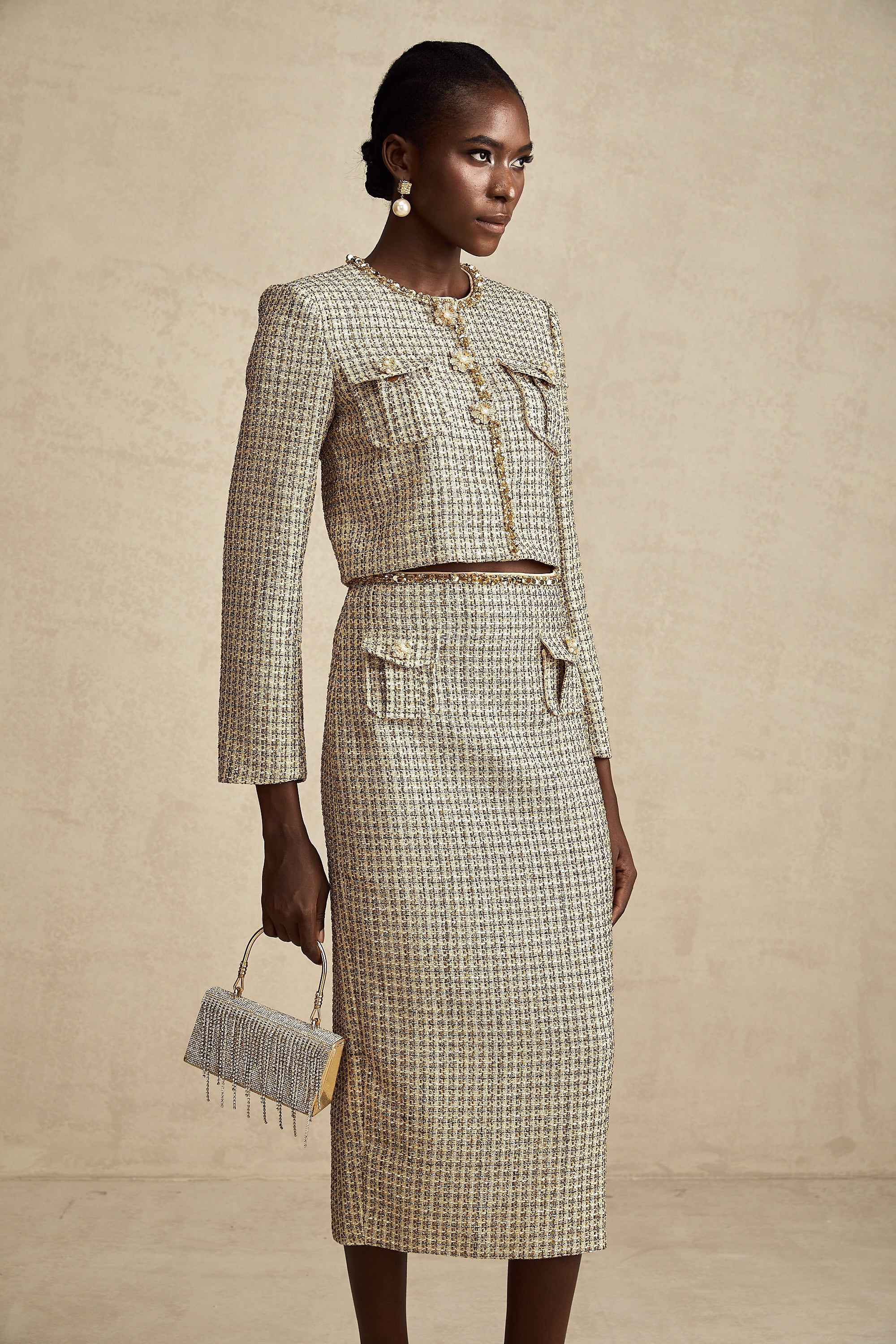 Aëlle gold tweed sequin jacket & skirt matching set