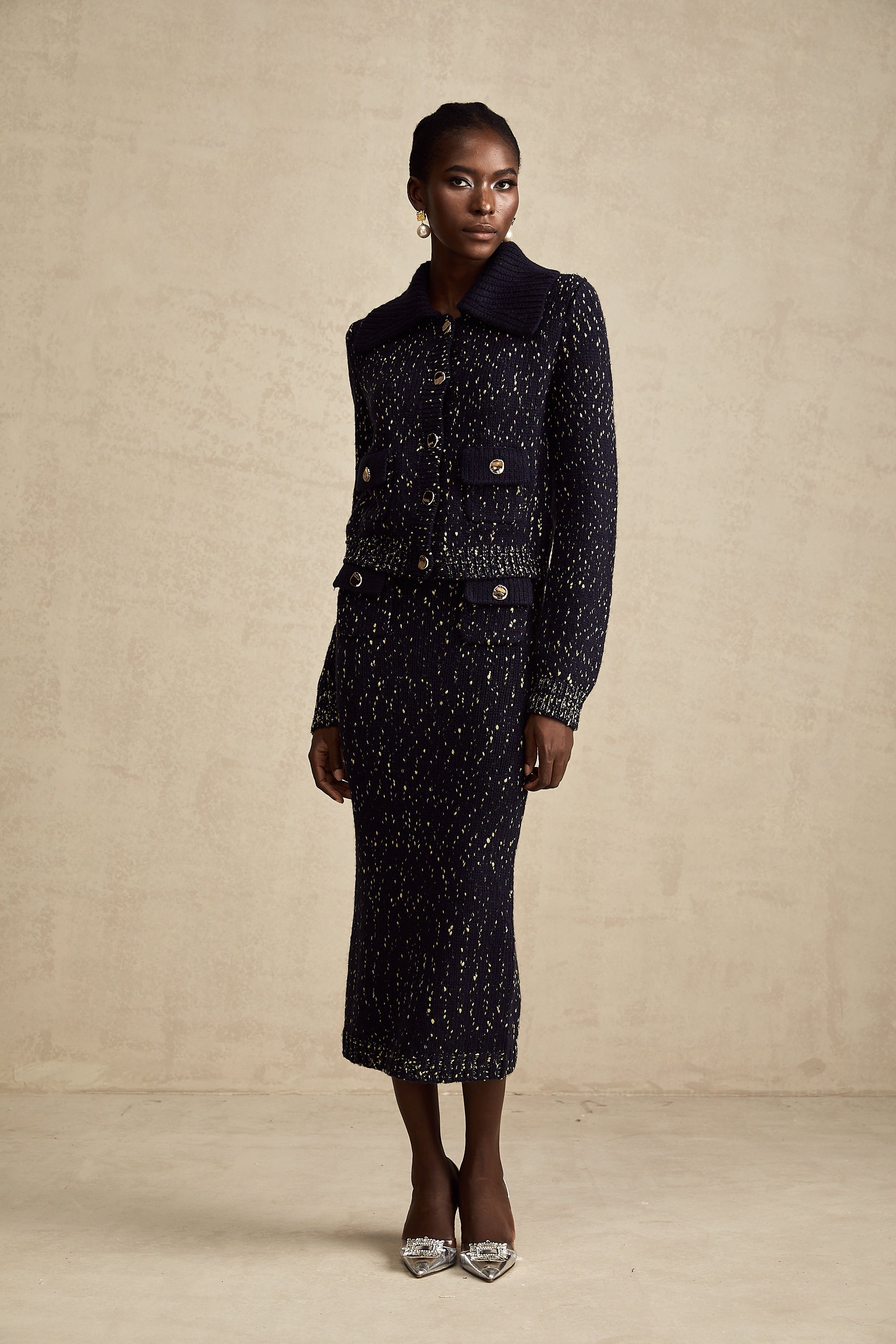 Claudine navy crochet-knit jacket & skirt matching set (US Only)
