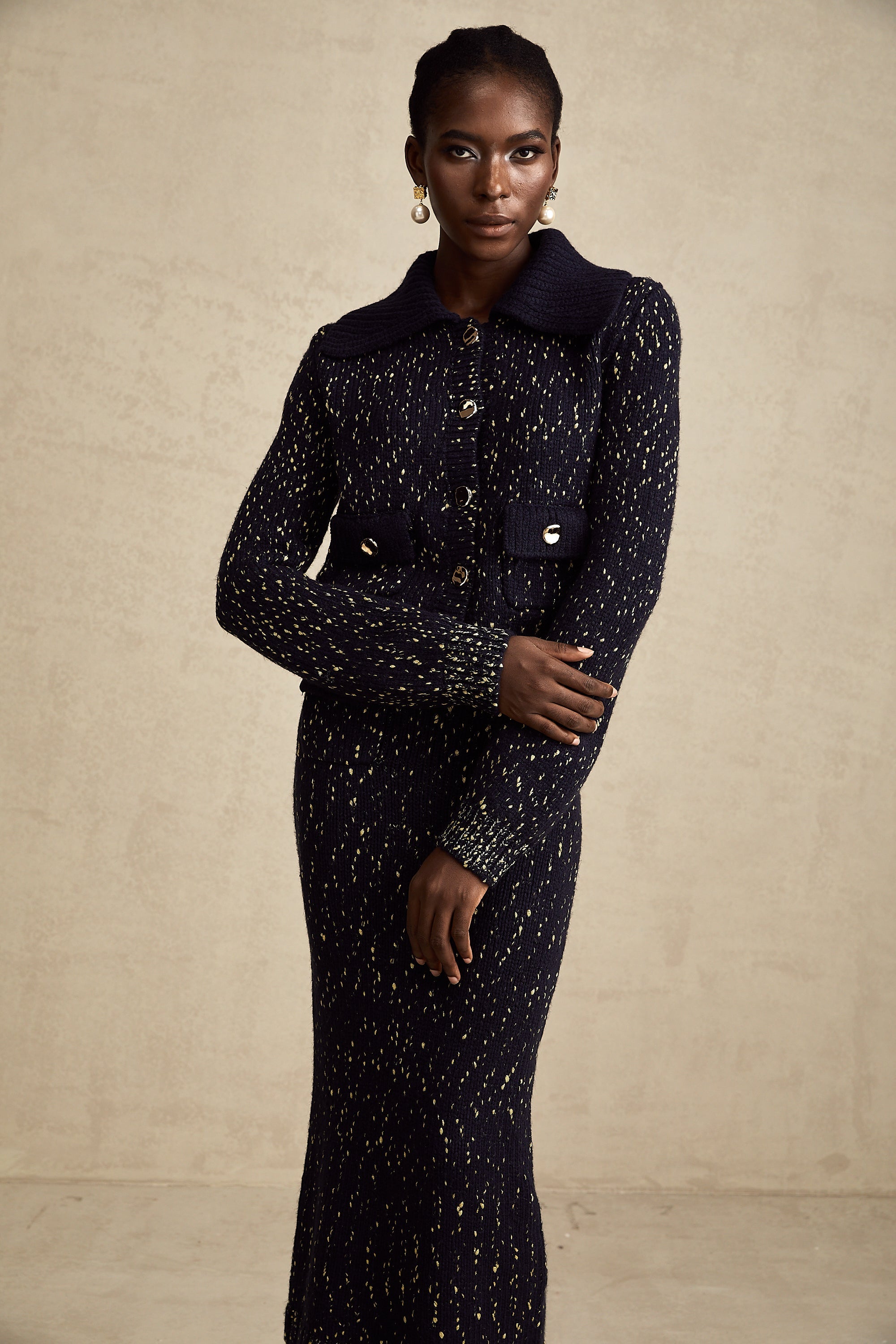 Claudine navy crochet-knit jacket & skirt matching set (US Only)