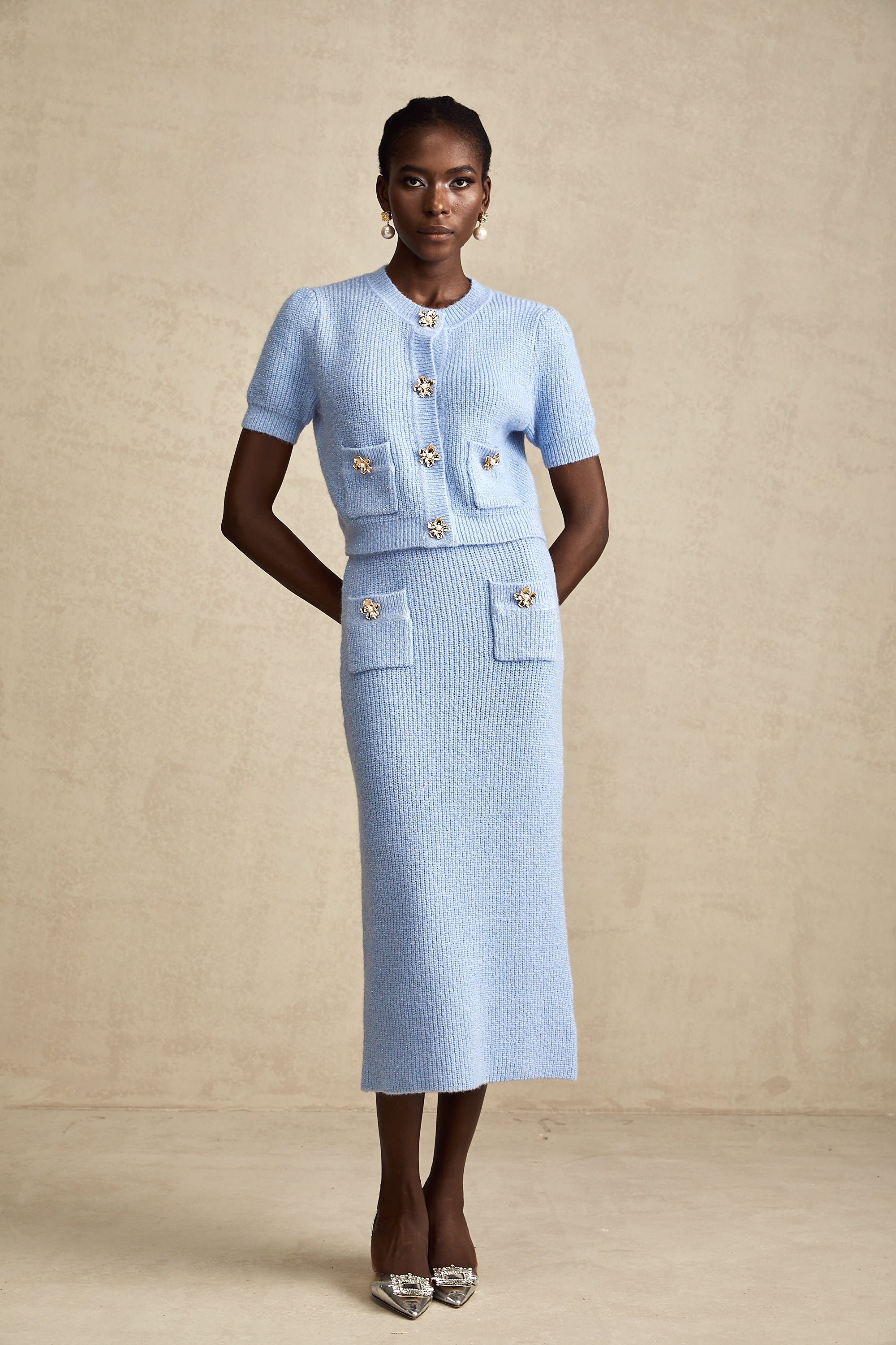 Chantal Blue Knit Two-Piece Blouse and Skirt Set (Final Sale-US Only)
