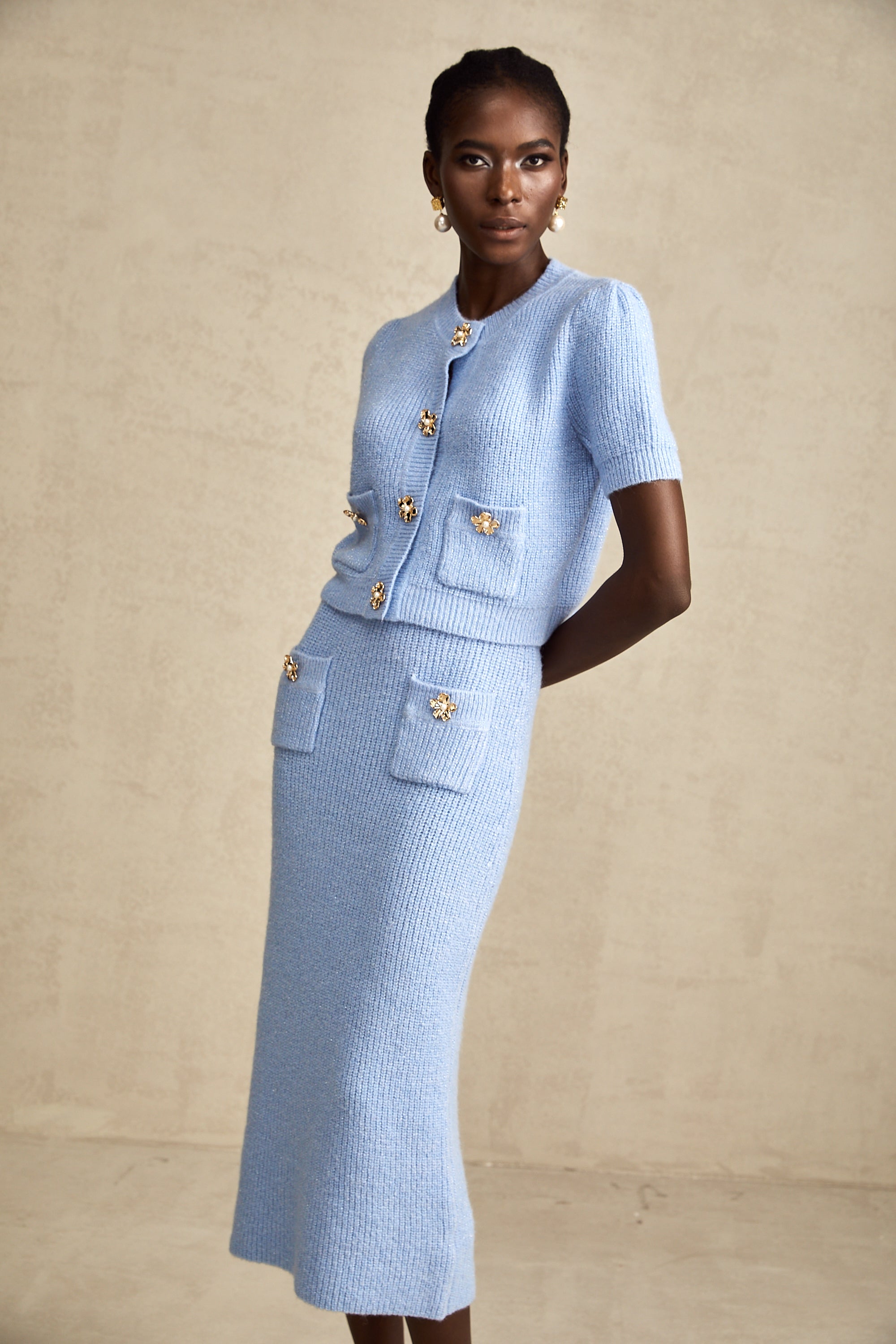 Chantal Blue Knit Two-Piece Blouse and Skirt Set (Final Sale-US Only)