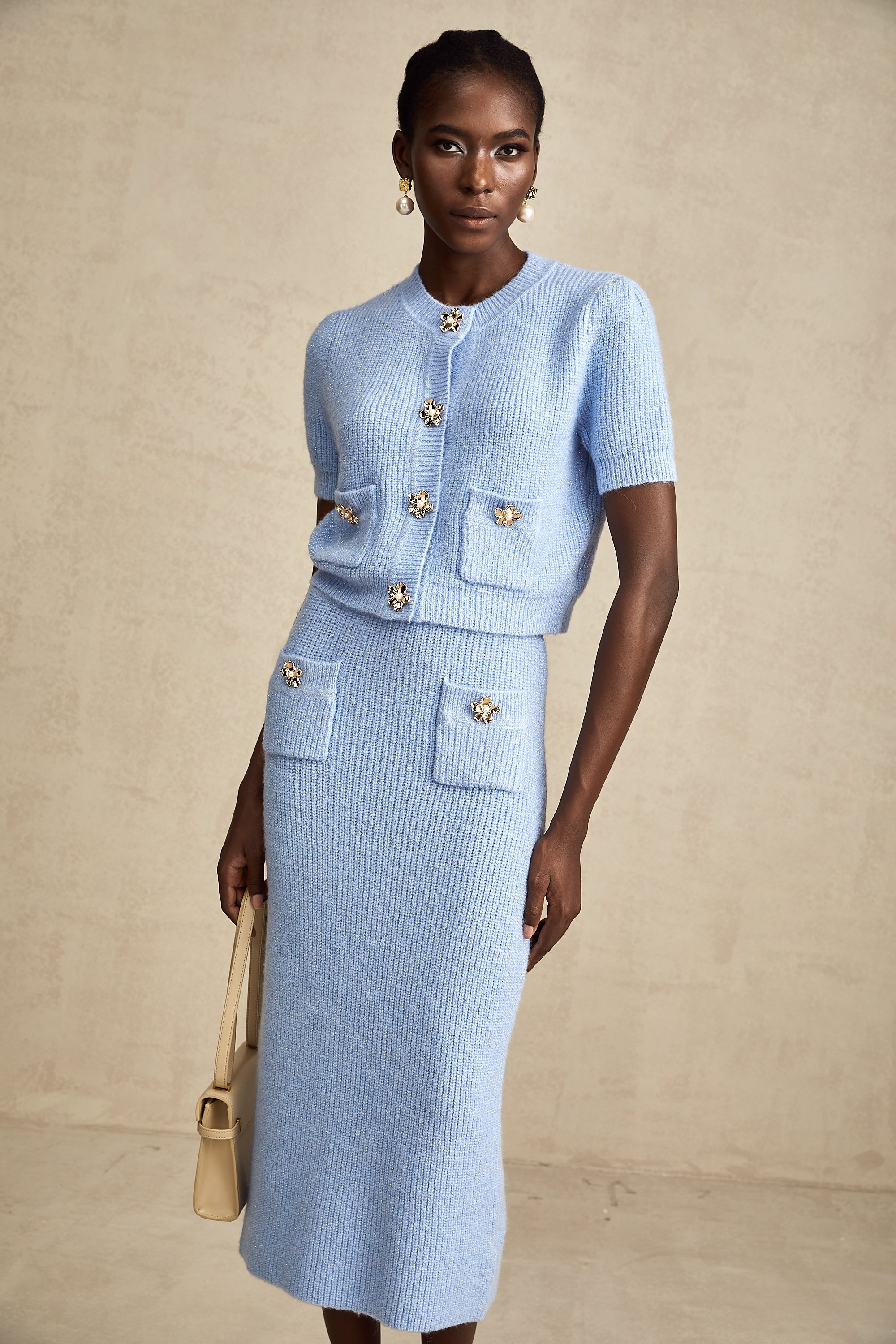 Chantal Blue Knit Two-Piece Blouse and Skirt Set (Final Sale-US Only)