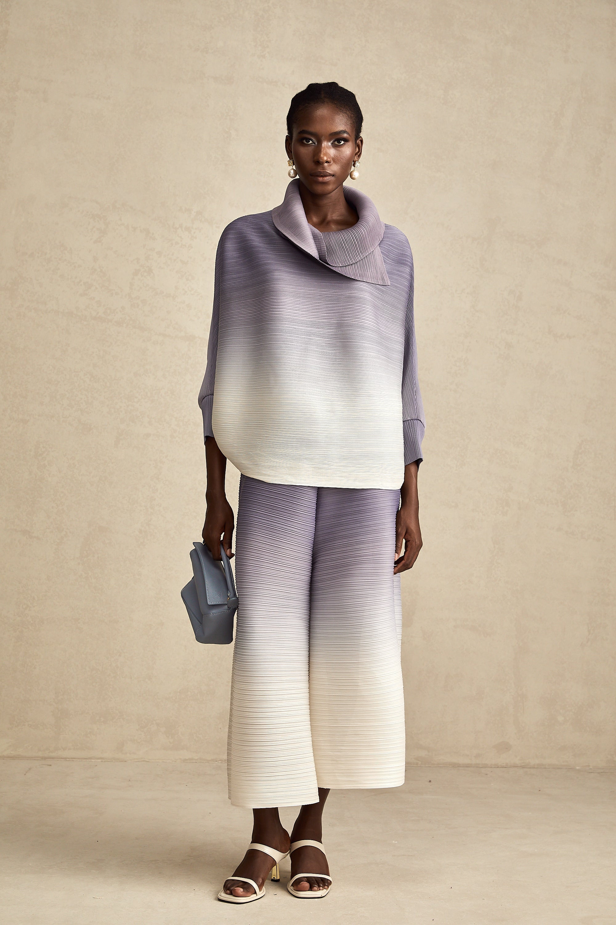 Agathe purple gradient wrinkled blouse & trousers matching set (Final Sale-US Only)