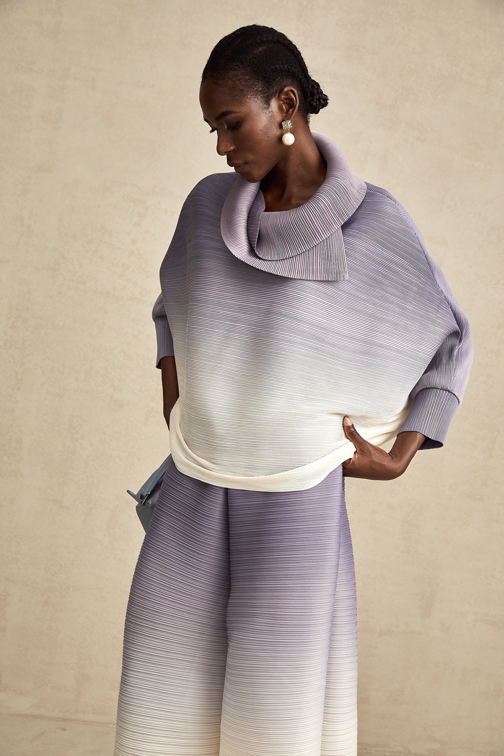 Agathe purple gradient wrinkled blouse & trousers matching set (Final Sale-US Only)