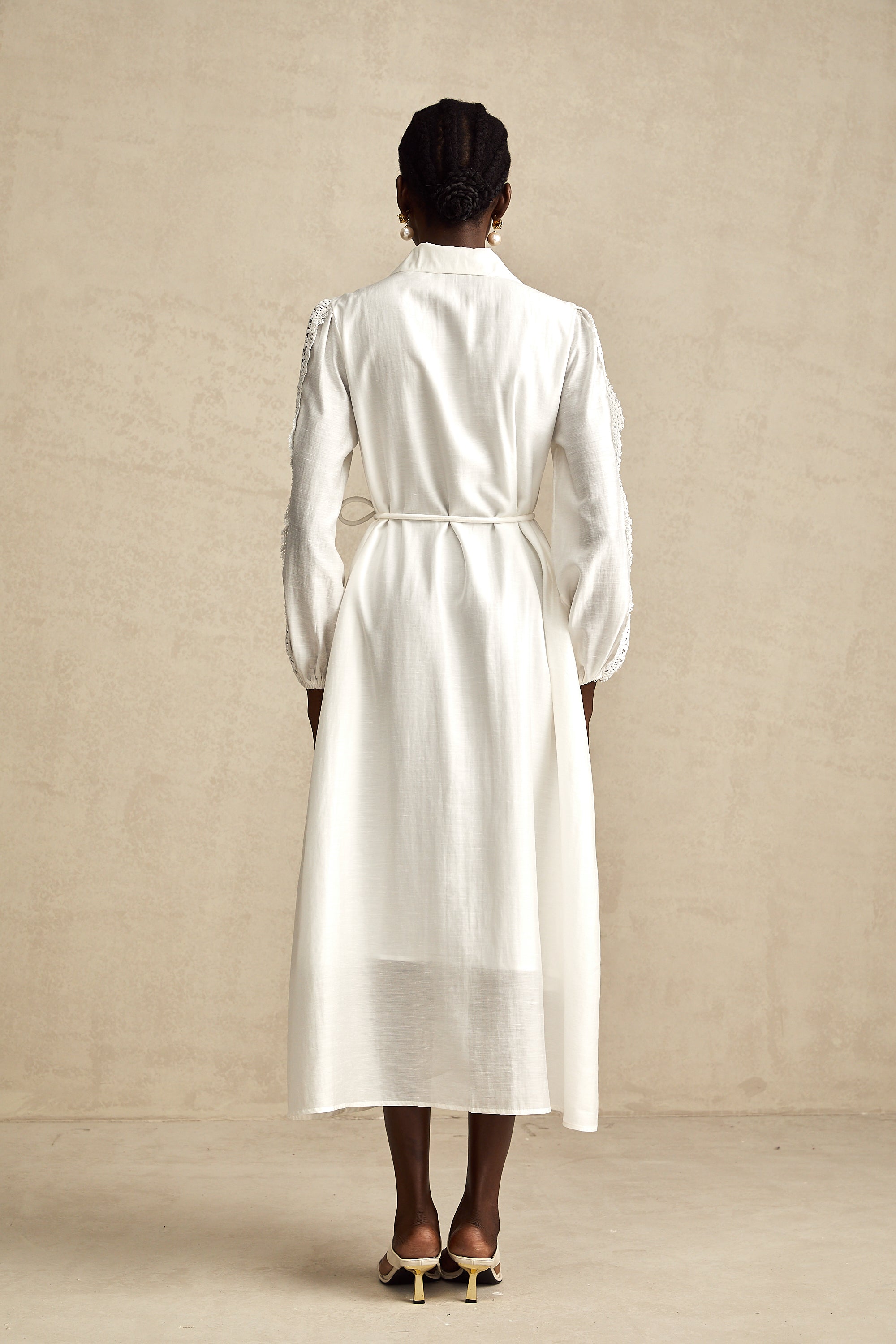 Colette white lace-detail tied-waist midi dress