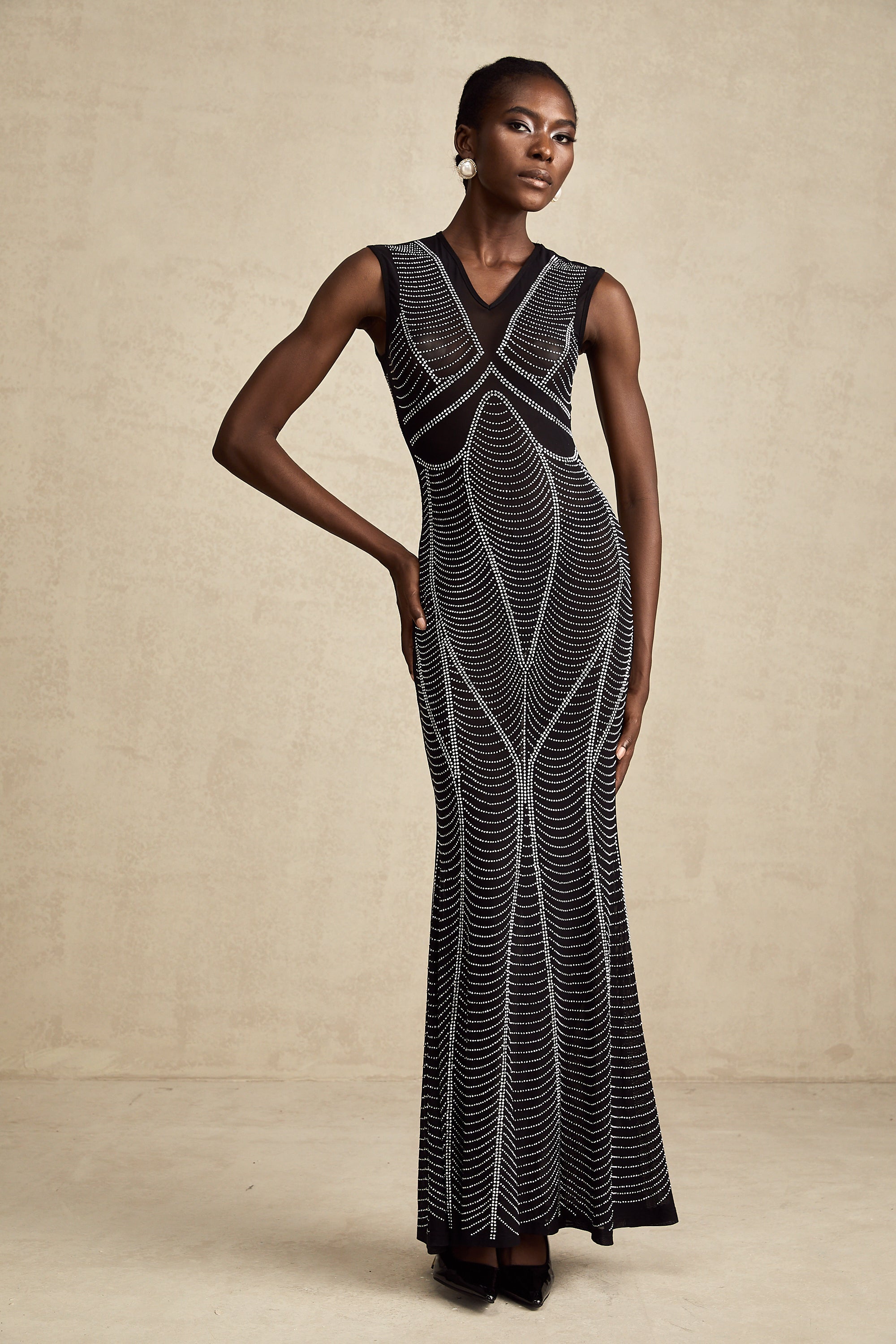 Liane black crystal-embellished semi-sheer maxi dress (US Only)