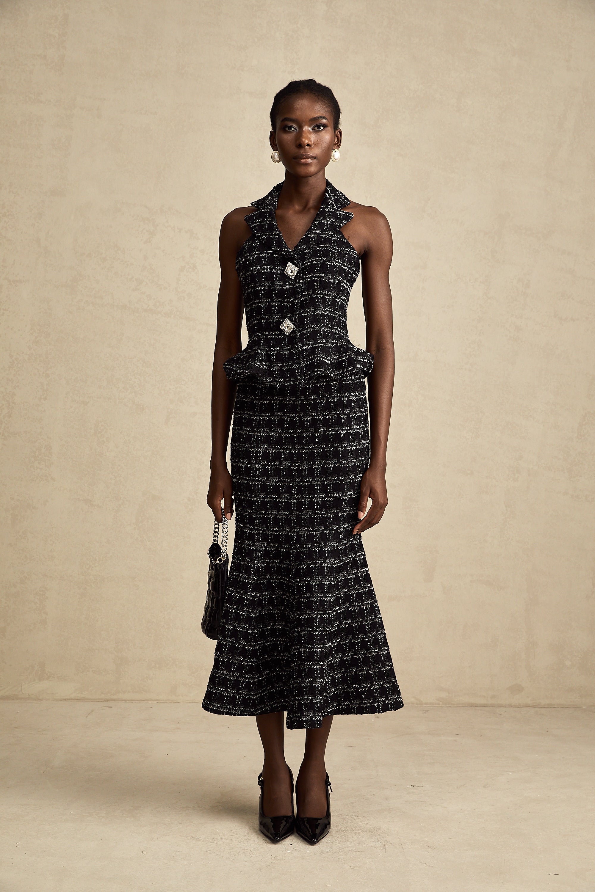 Axelle black checked tweed vest top & skirt matching set (US Only)