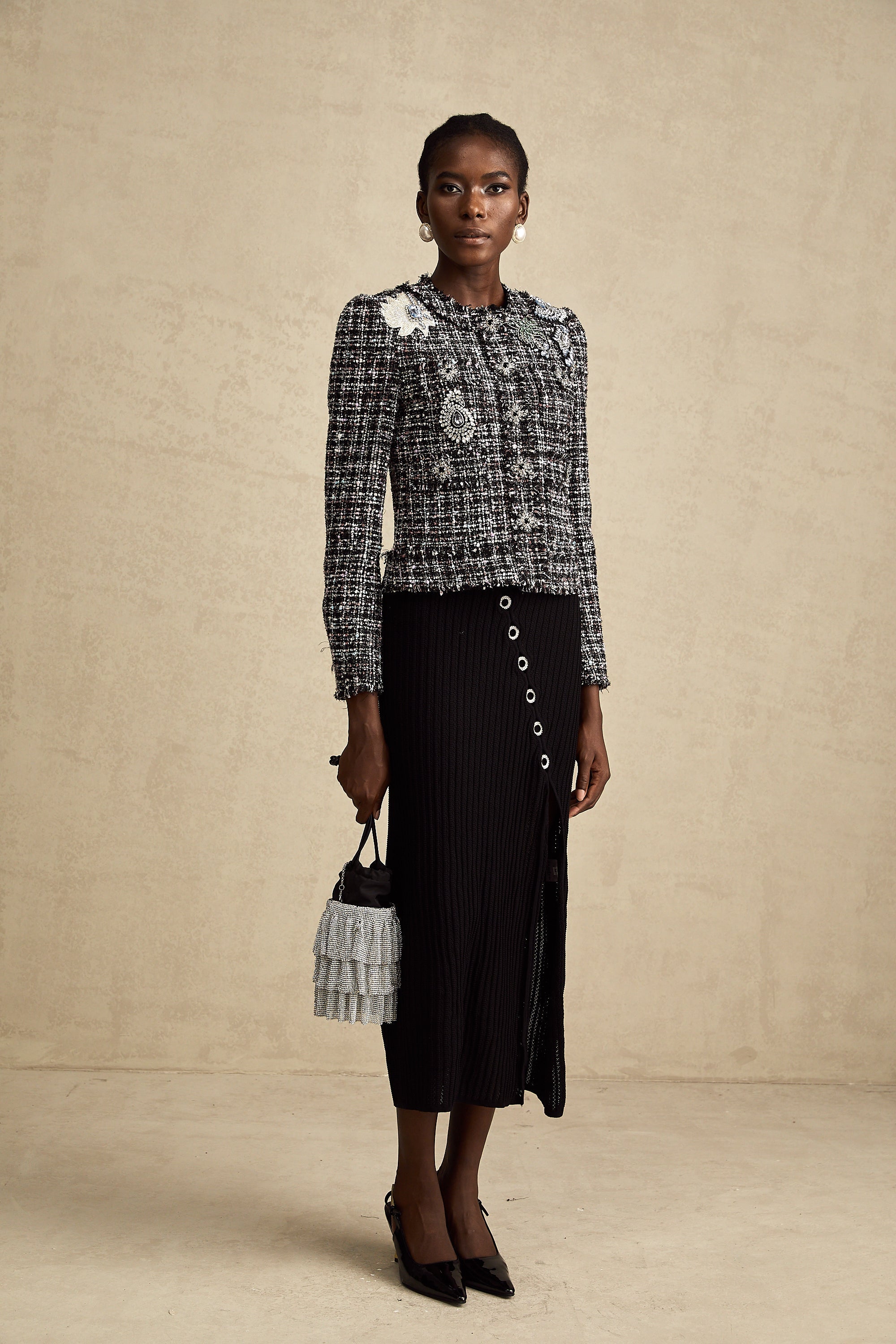 Justine black frayed-edge checked tweed jacket