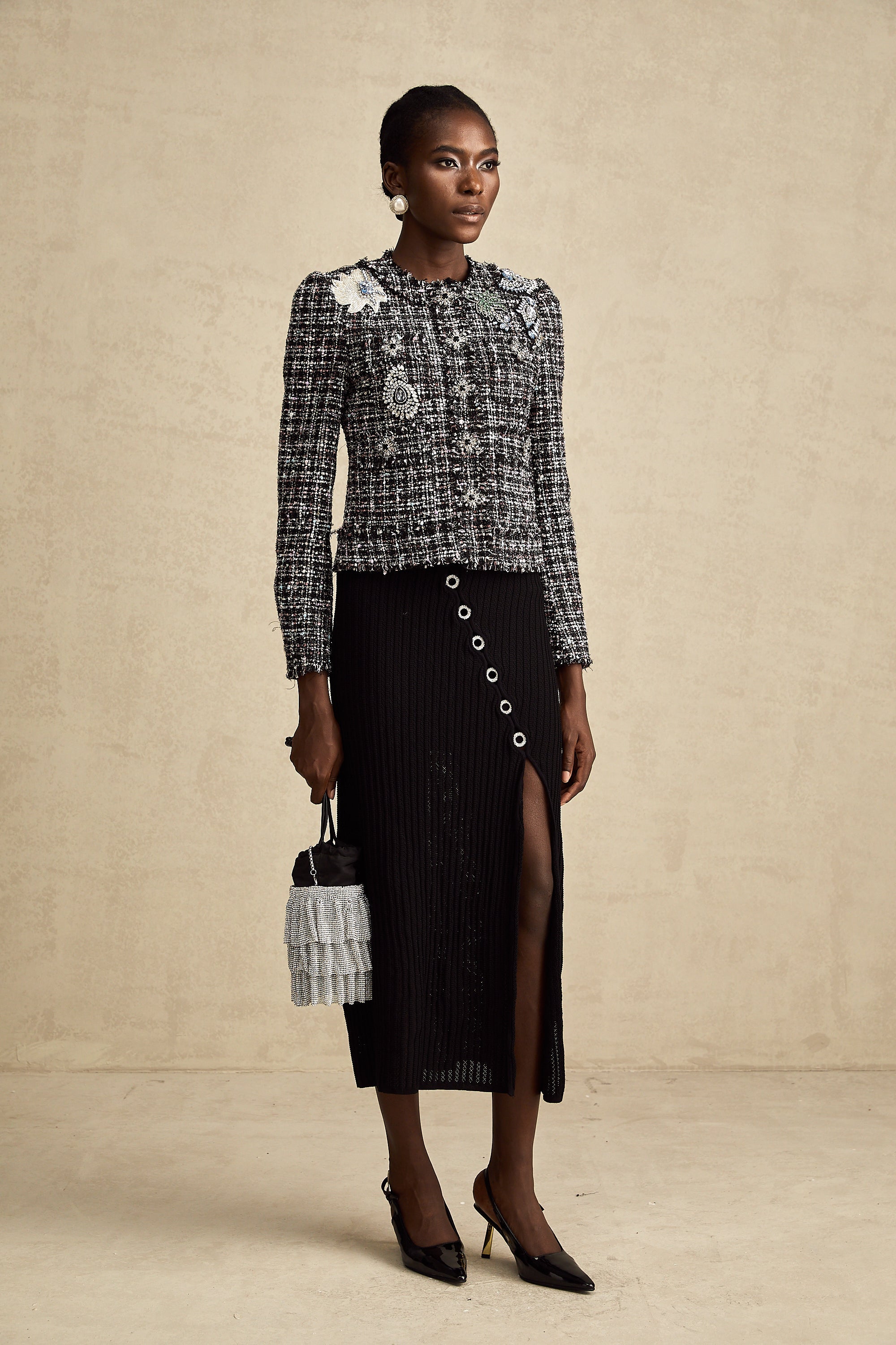 Justine black frayed-edge checked tweed jacket