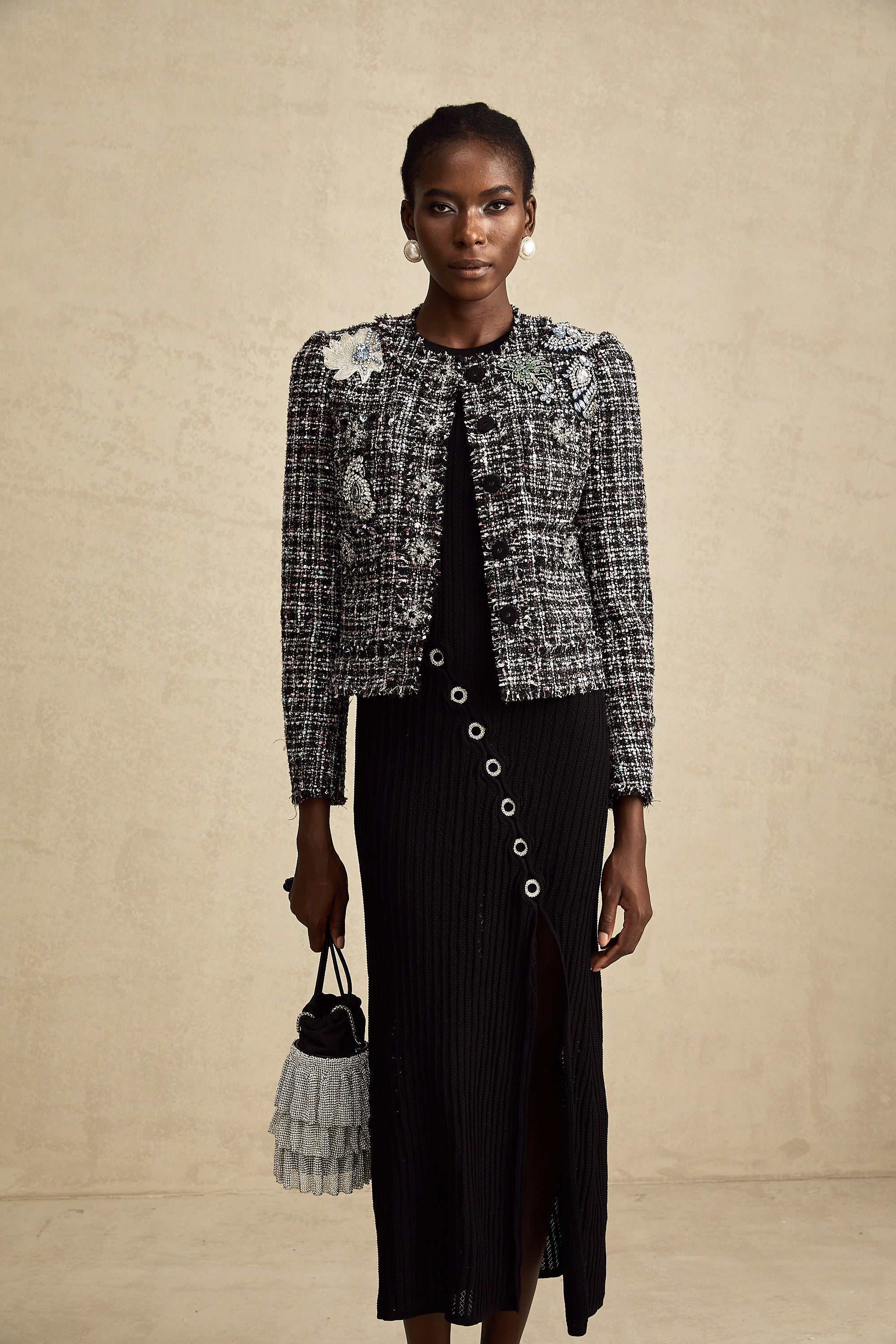 Justine black frayed-edge checked tweed jacket