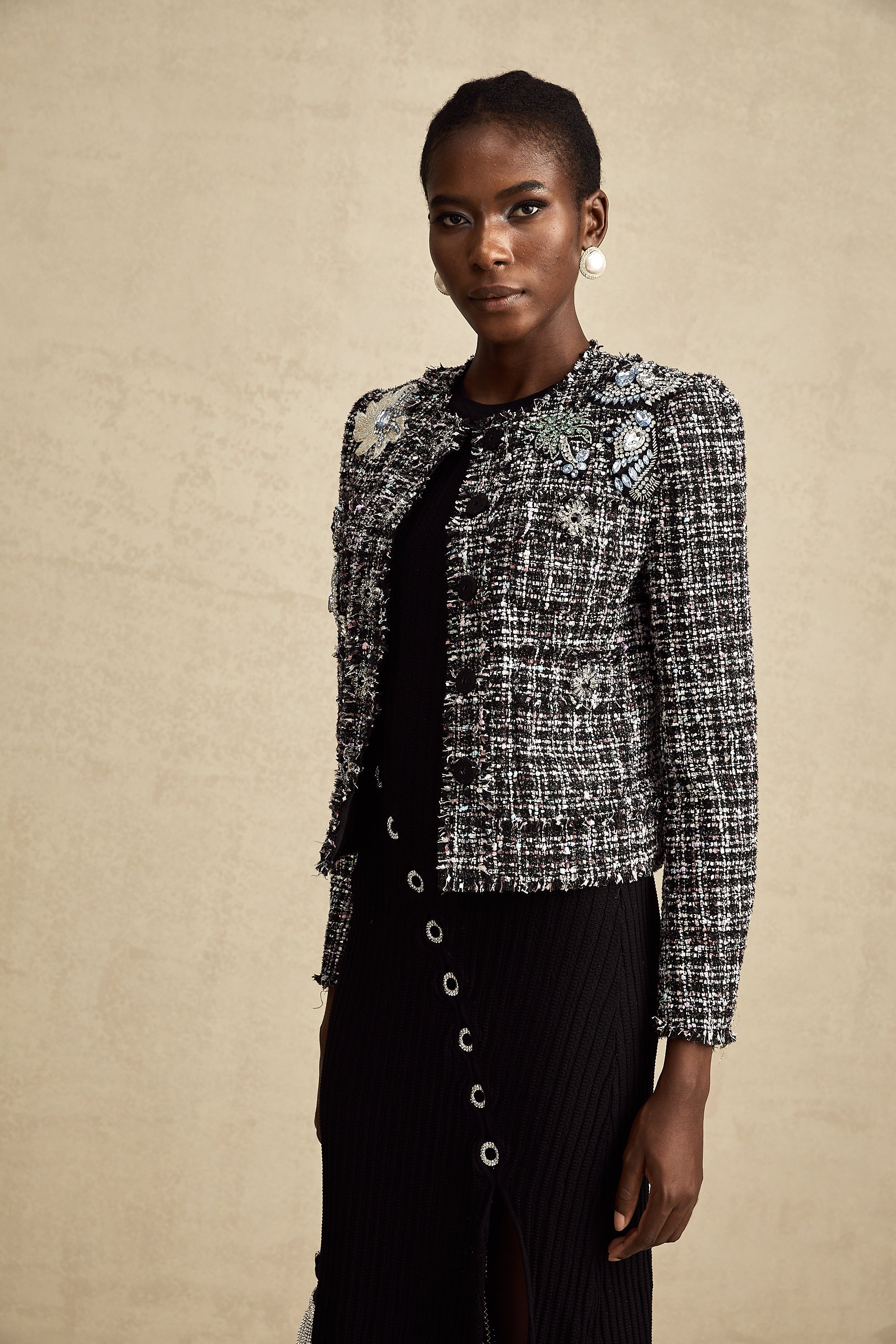 Justine black frayed-edge checked tweed jacket