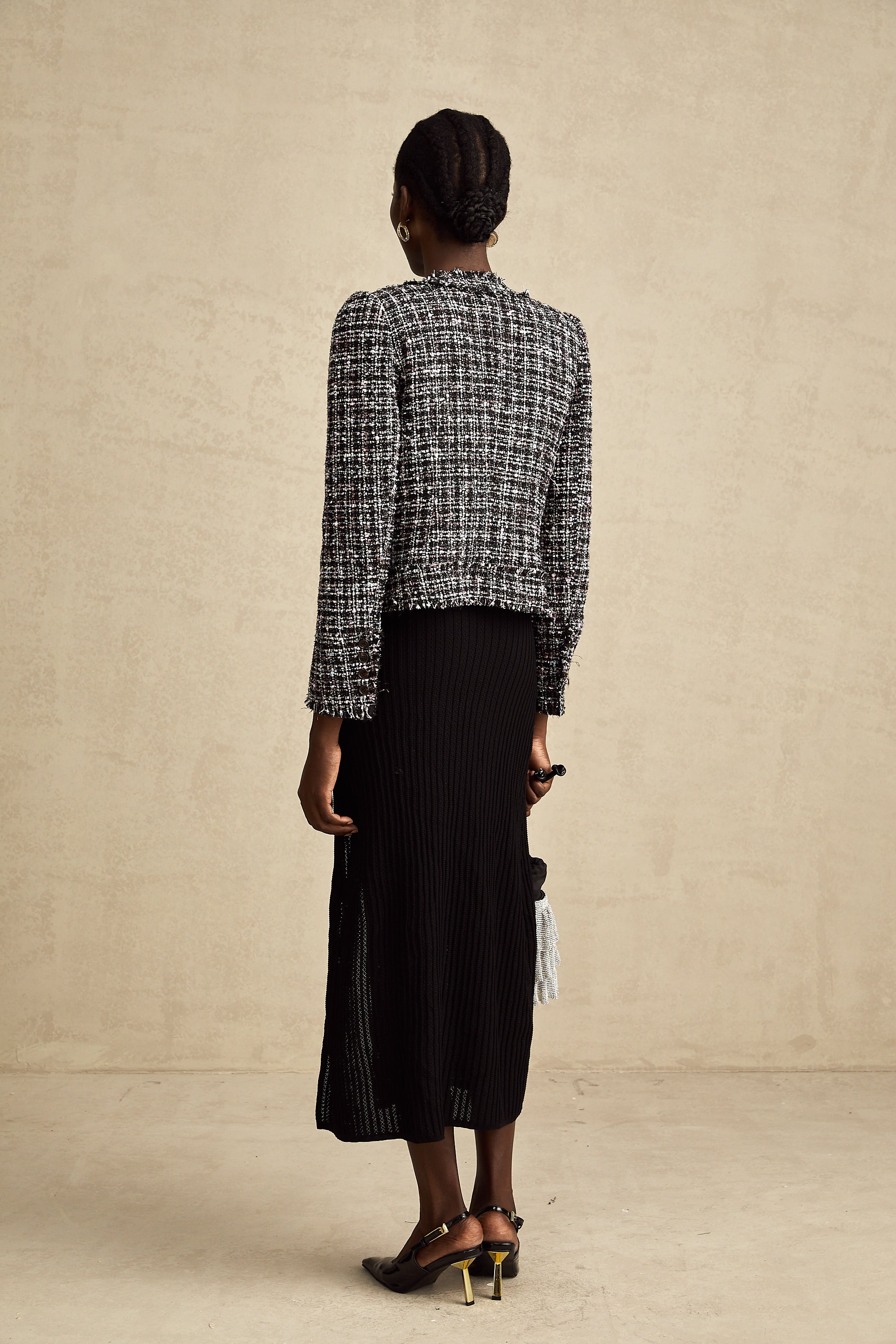 Justine black frayed-edge checked tweed jacket