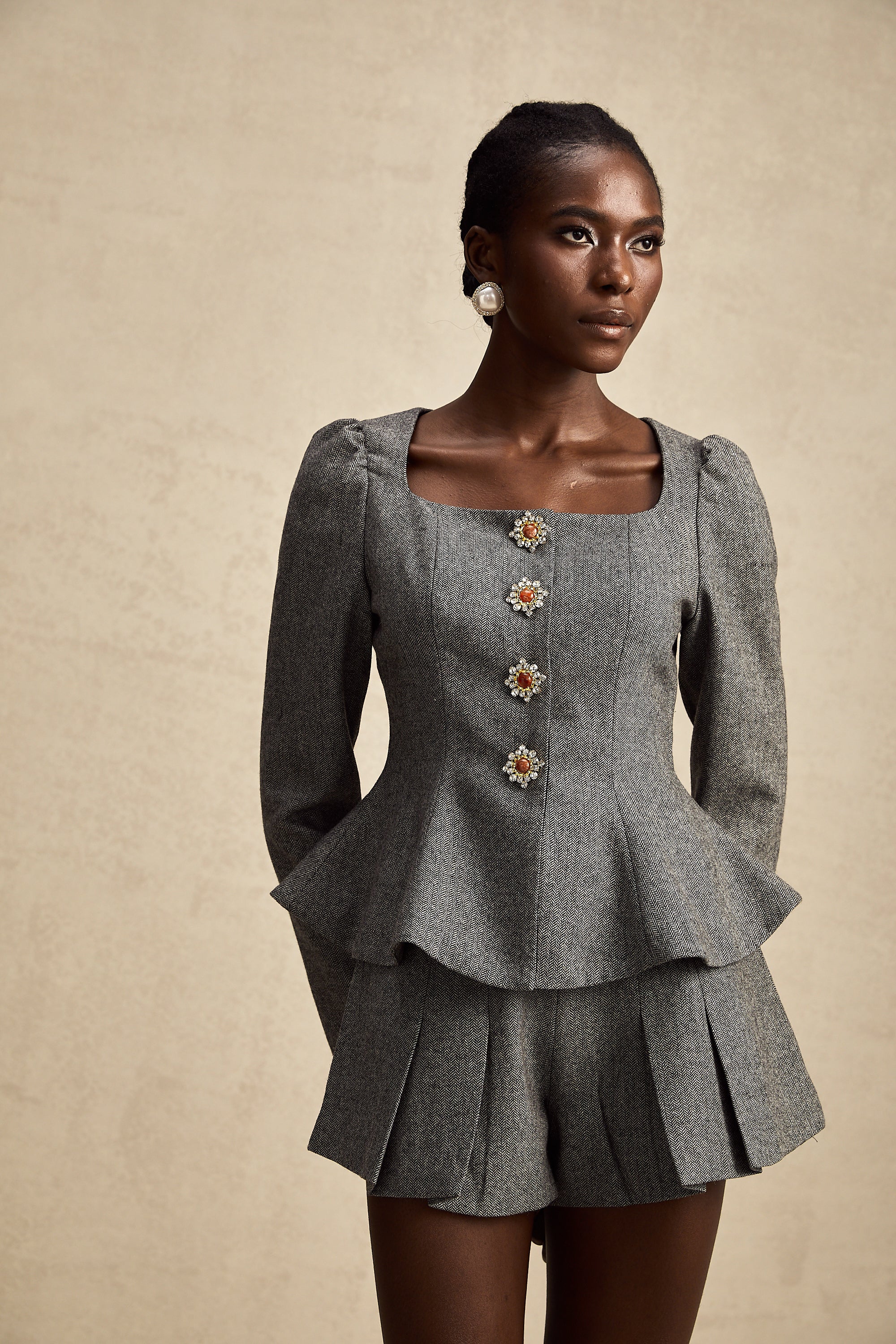 Agathe grey herringbone top & shorts matching set (Final Sale-US Only)