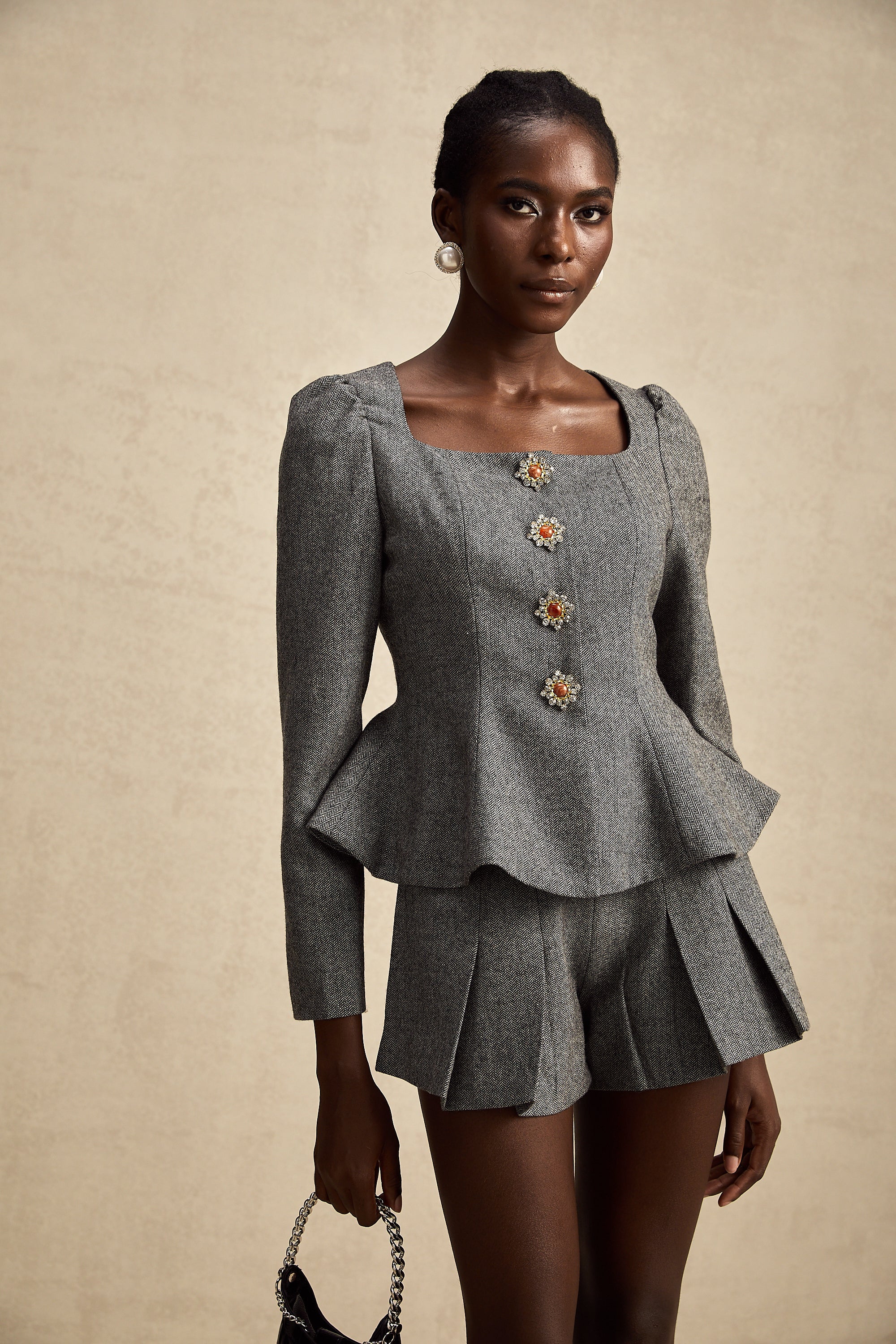 Agathe grey herringbone top & shorts matching set (Final Sale-US Only)