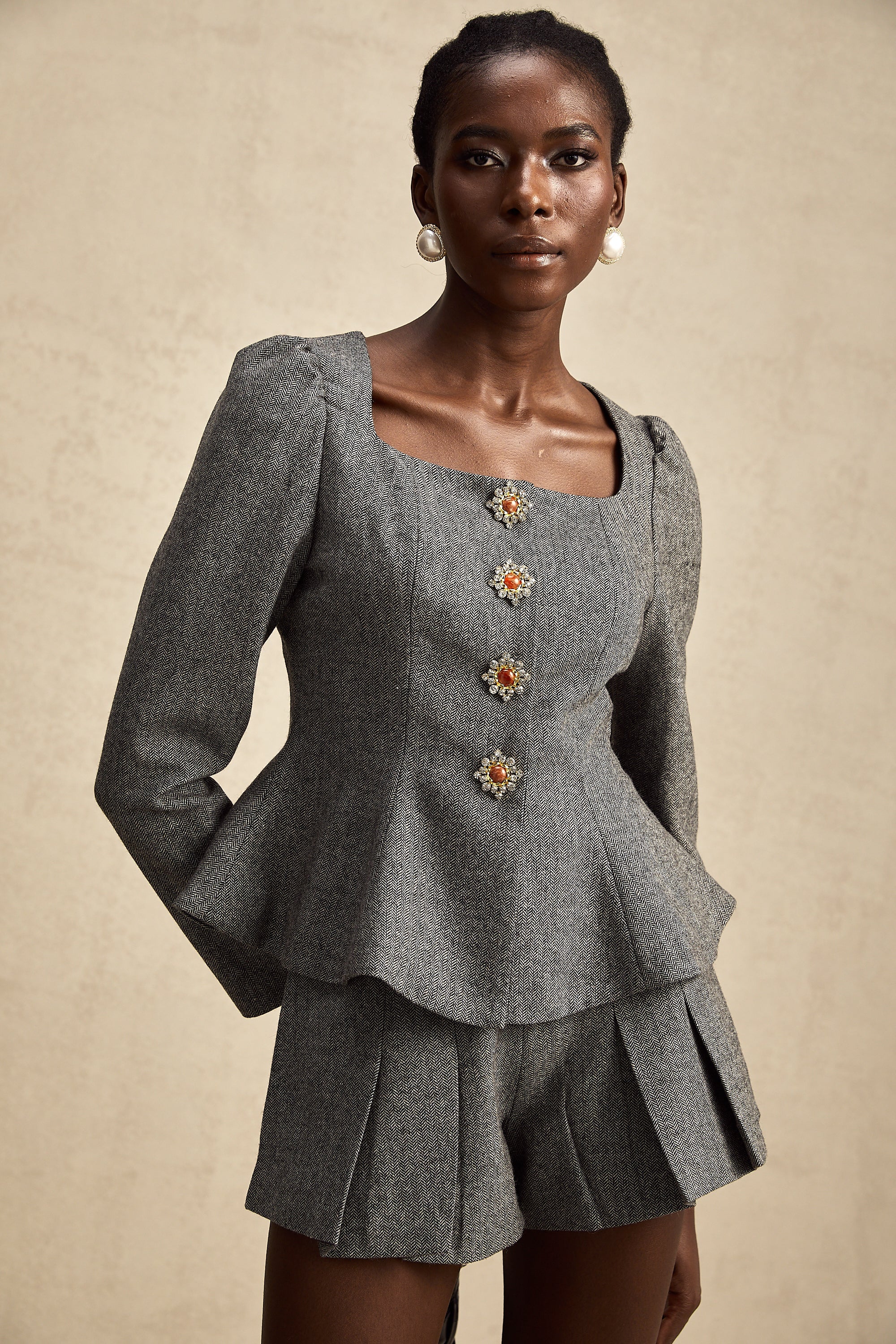 Agathe grey herringbone top & shorts matching set (Final Sale-US Only)