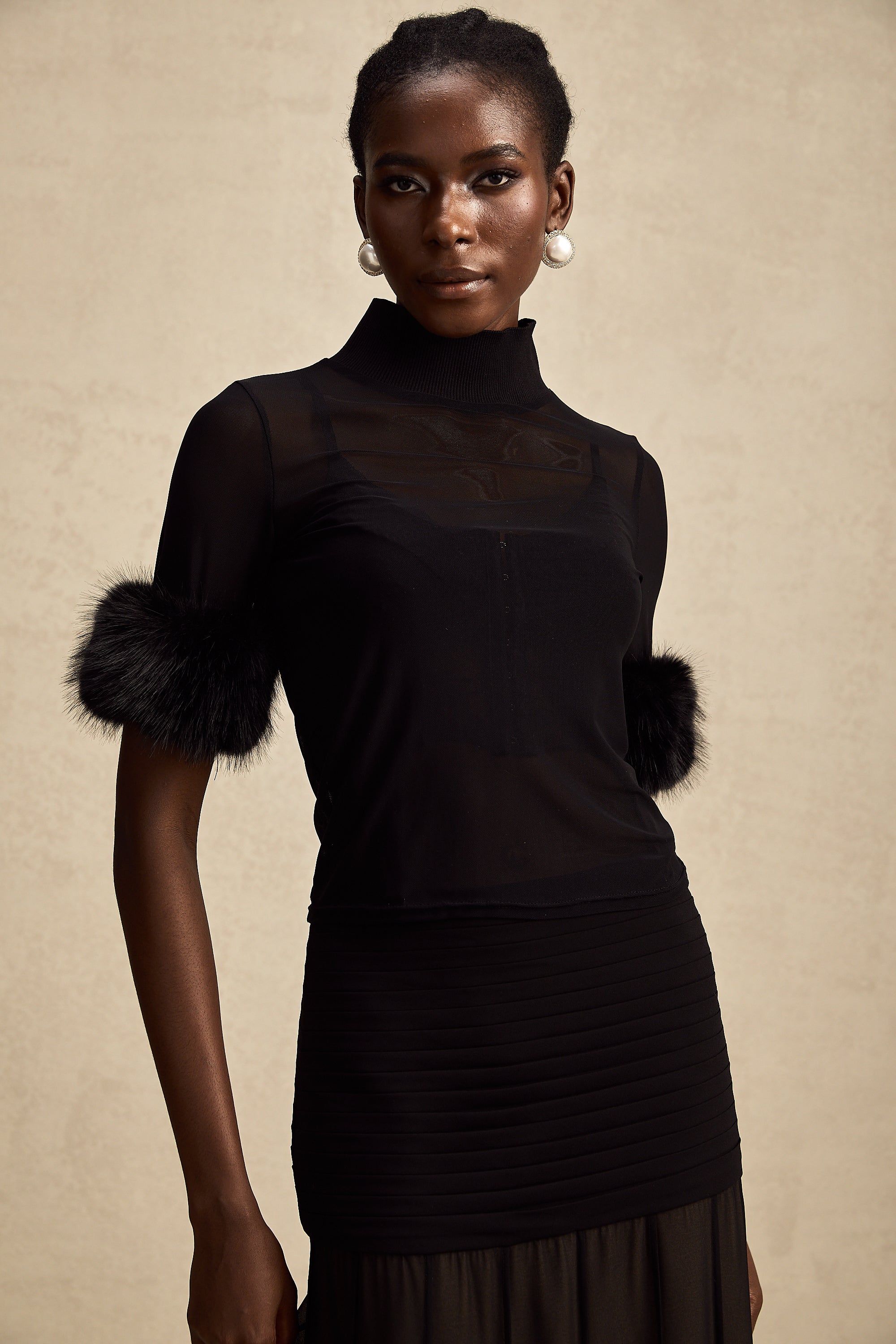 Ségolène black faux-fur tulle top (US Only)