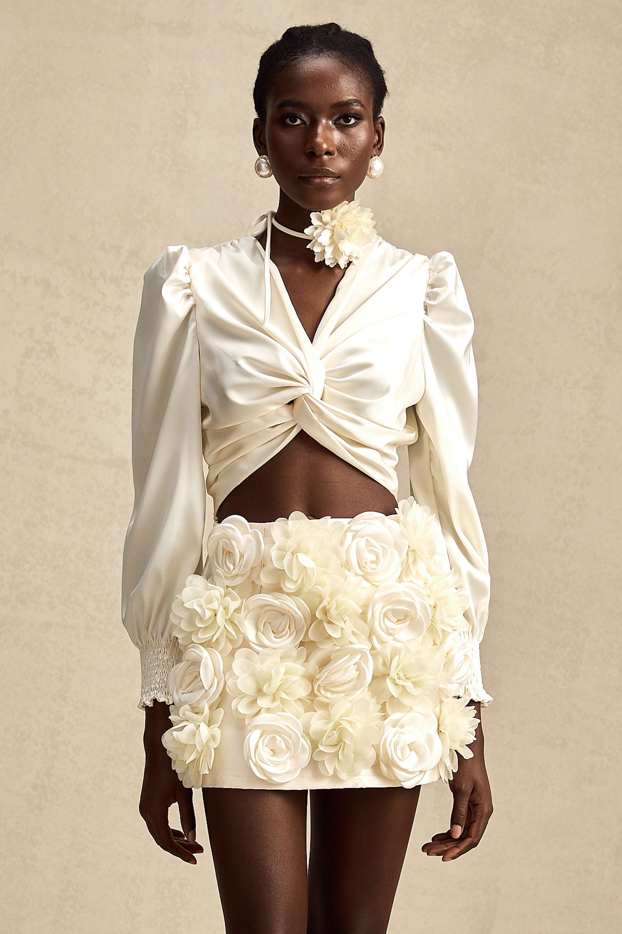 Nouria white faux-flower twist cropped top (Final Sale-US Only)