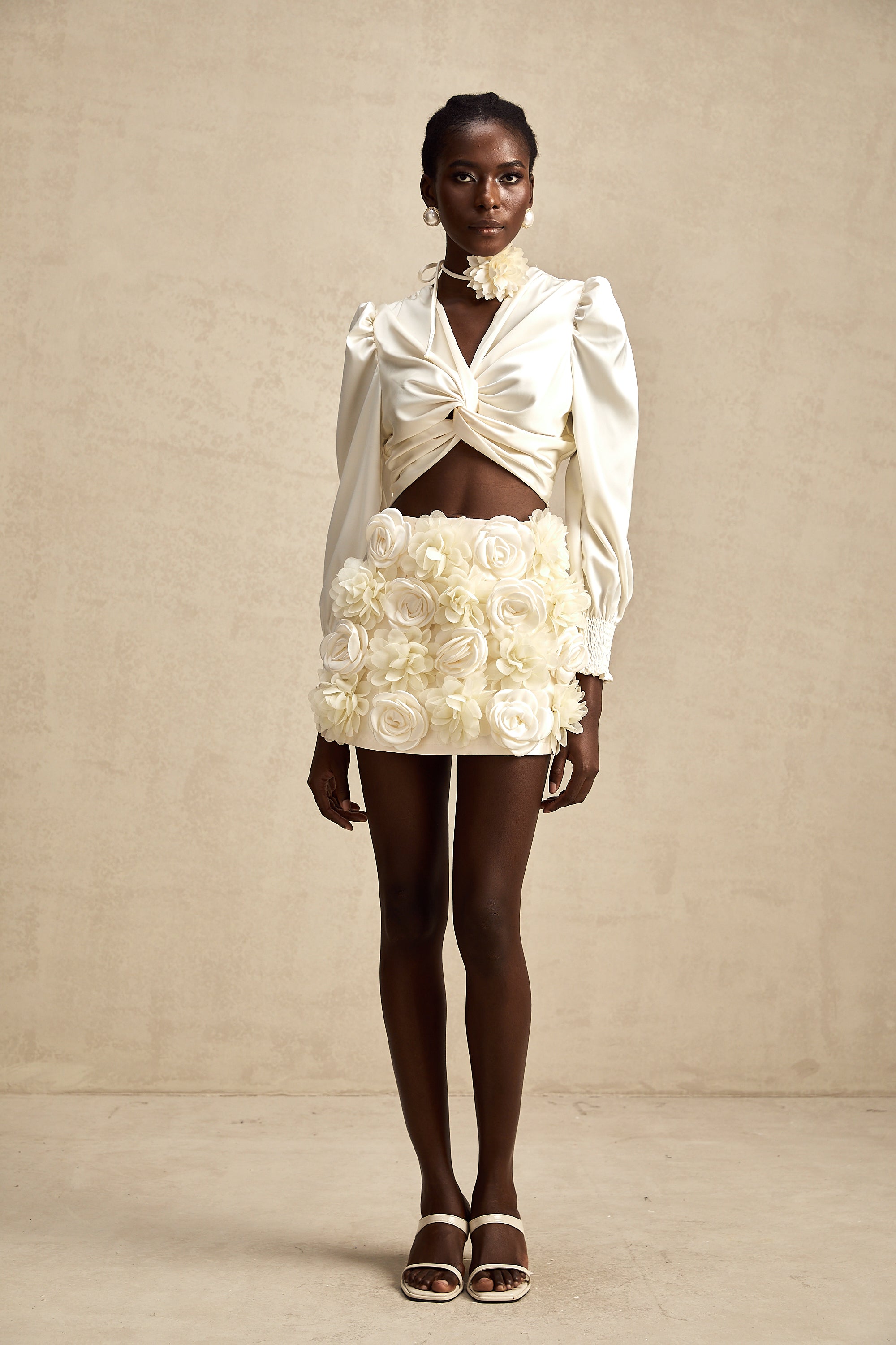 Nouria white faux-flower twist cropped top (Final Sale-US Only)