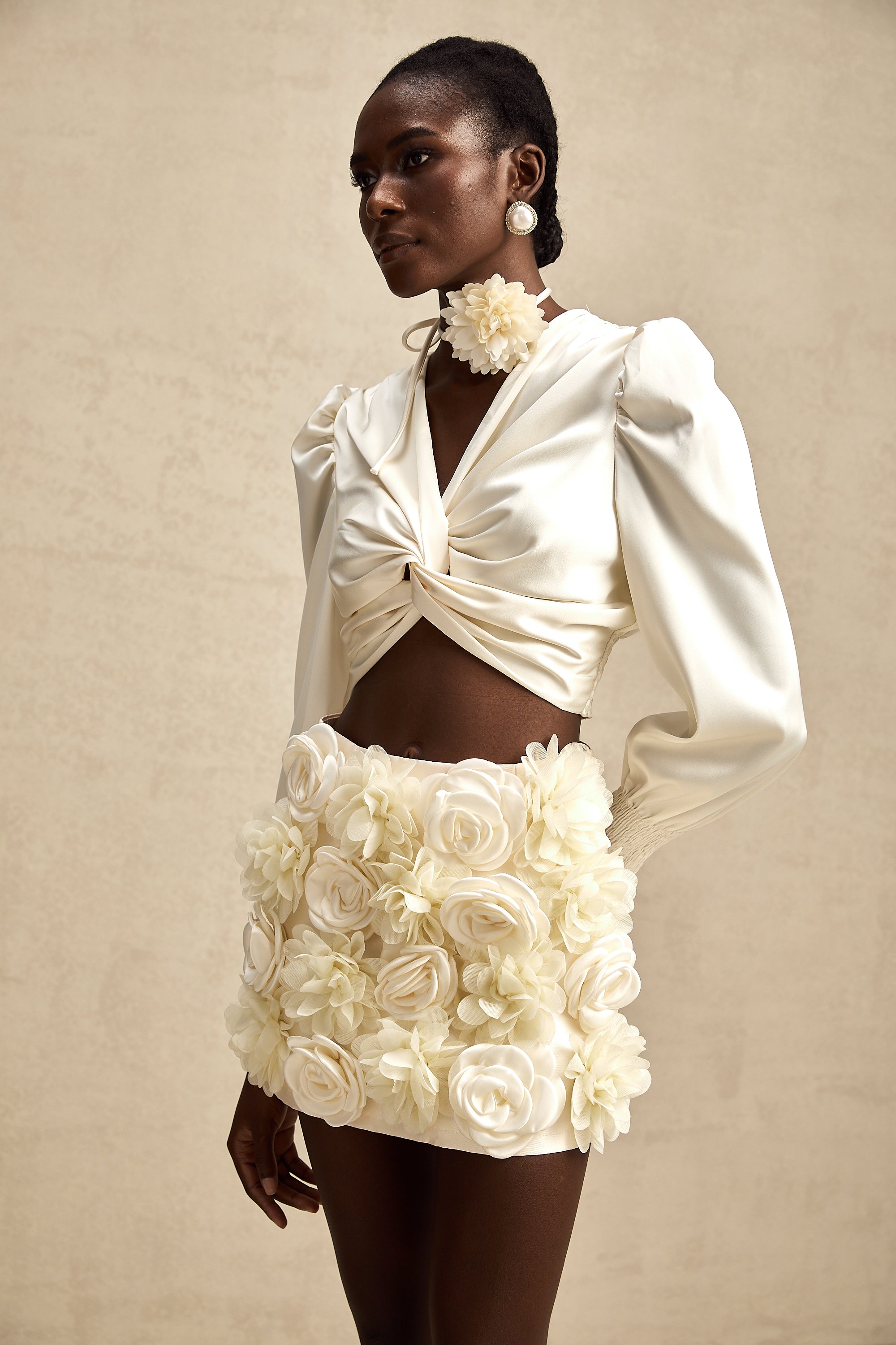 Nouria white faux-flower twist cropped top (Final Sale-US Only)