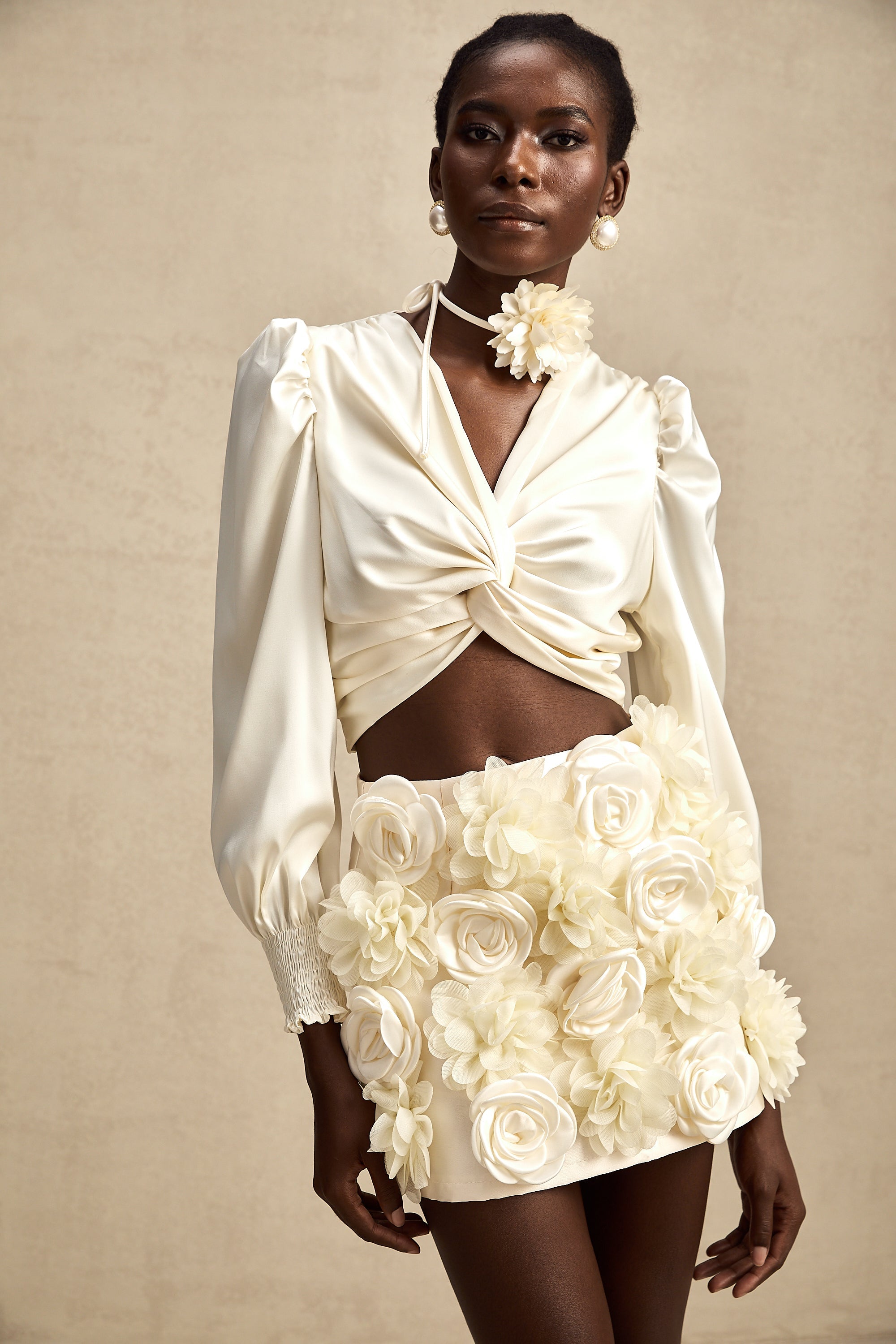 Nouria white faux-flower twist cropped top (Final Sale-US Only)