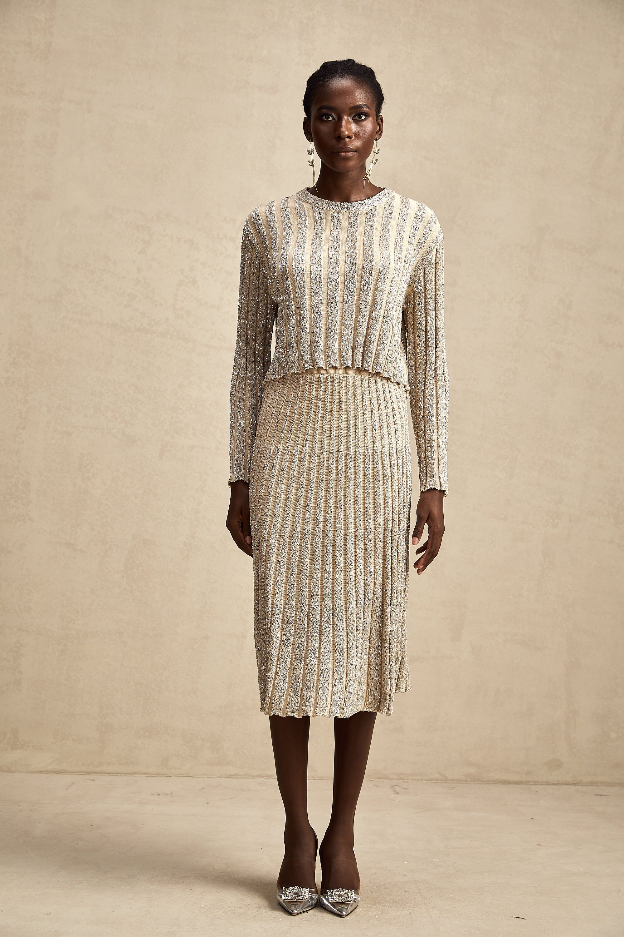Aurore champagne stripe knit top & skirt matching set (US Only)