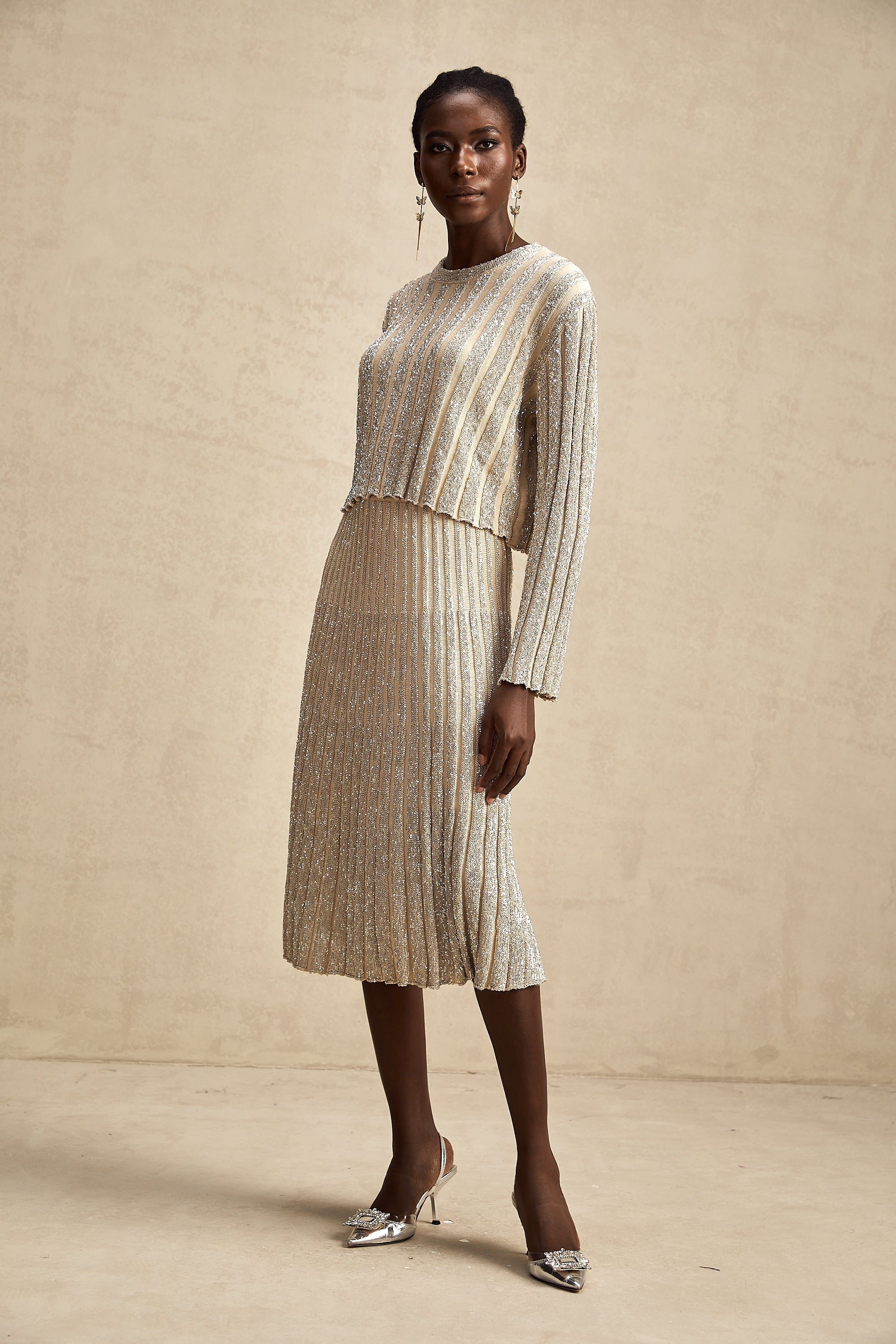 Aurore champagne stripe knit top & skirt matching set (US Only)