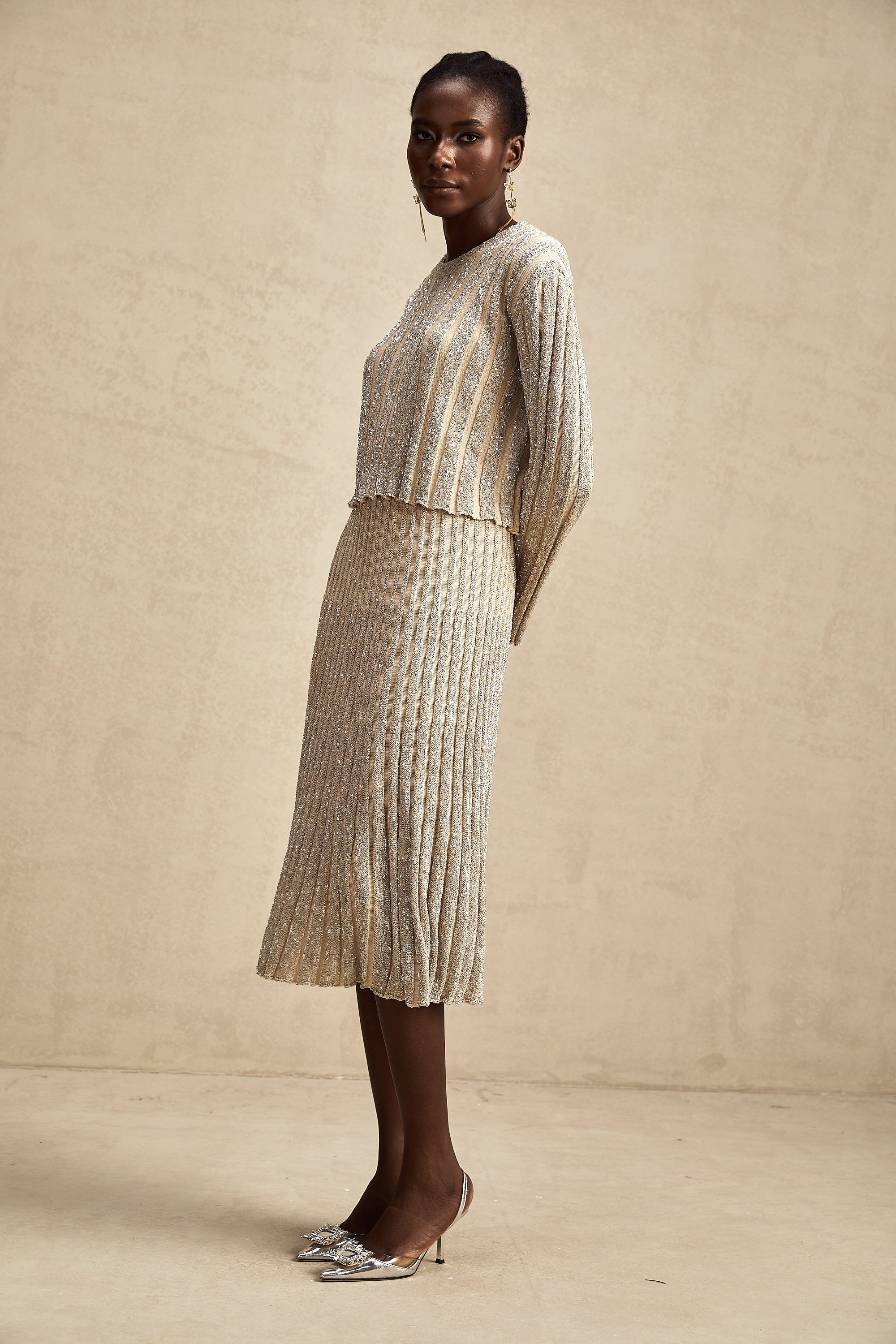 Aurore champagne stripe knit top & skirt matching set (US Only)