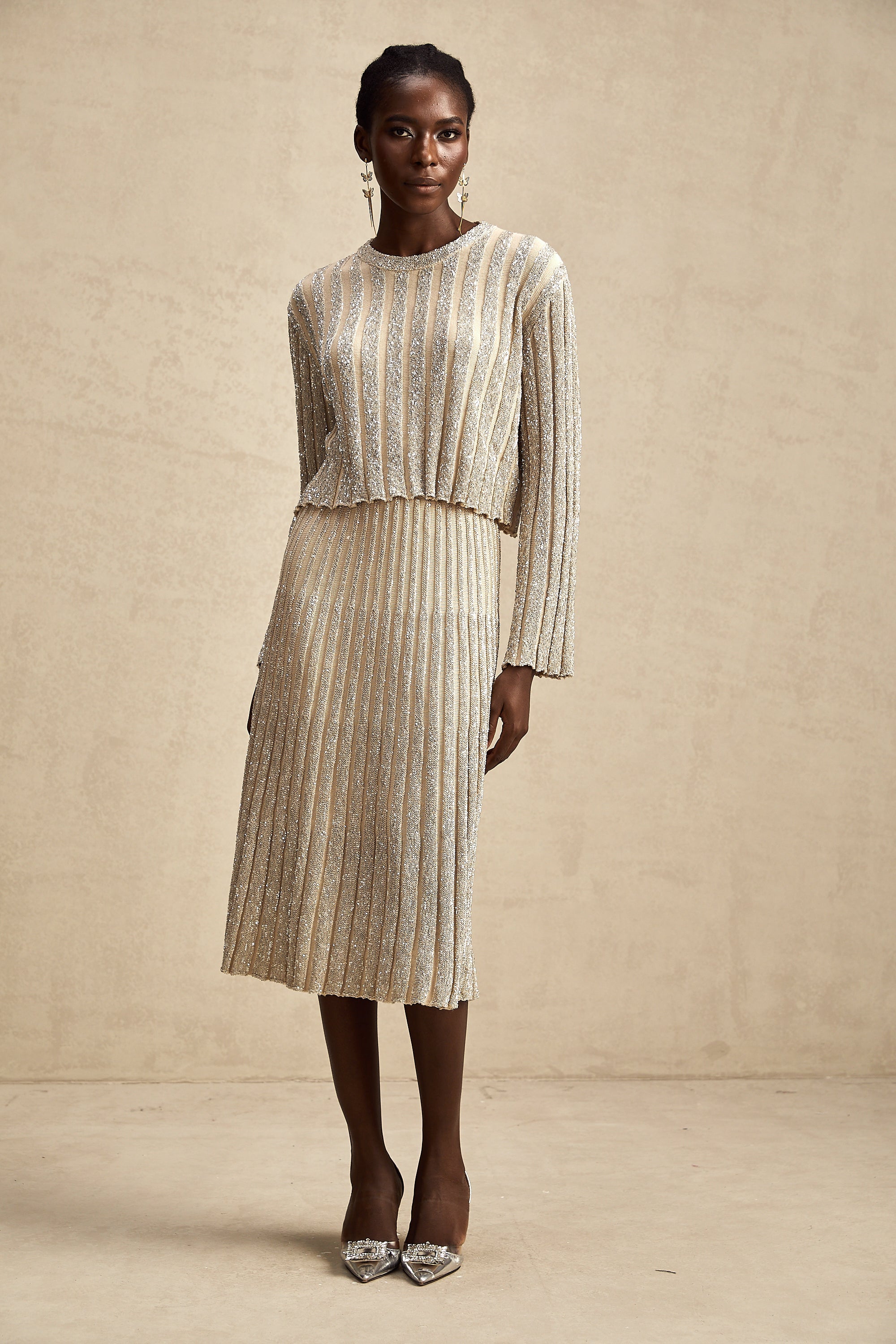 Aurore champagne stripe knit top & skirt matching set (US Only)