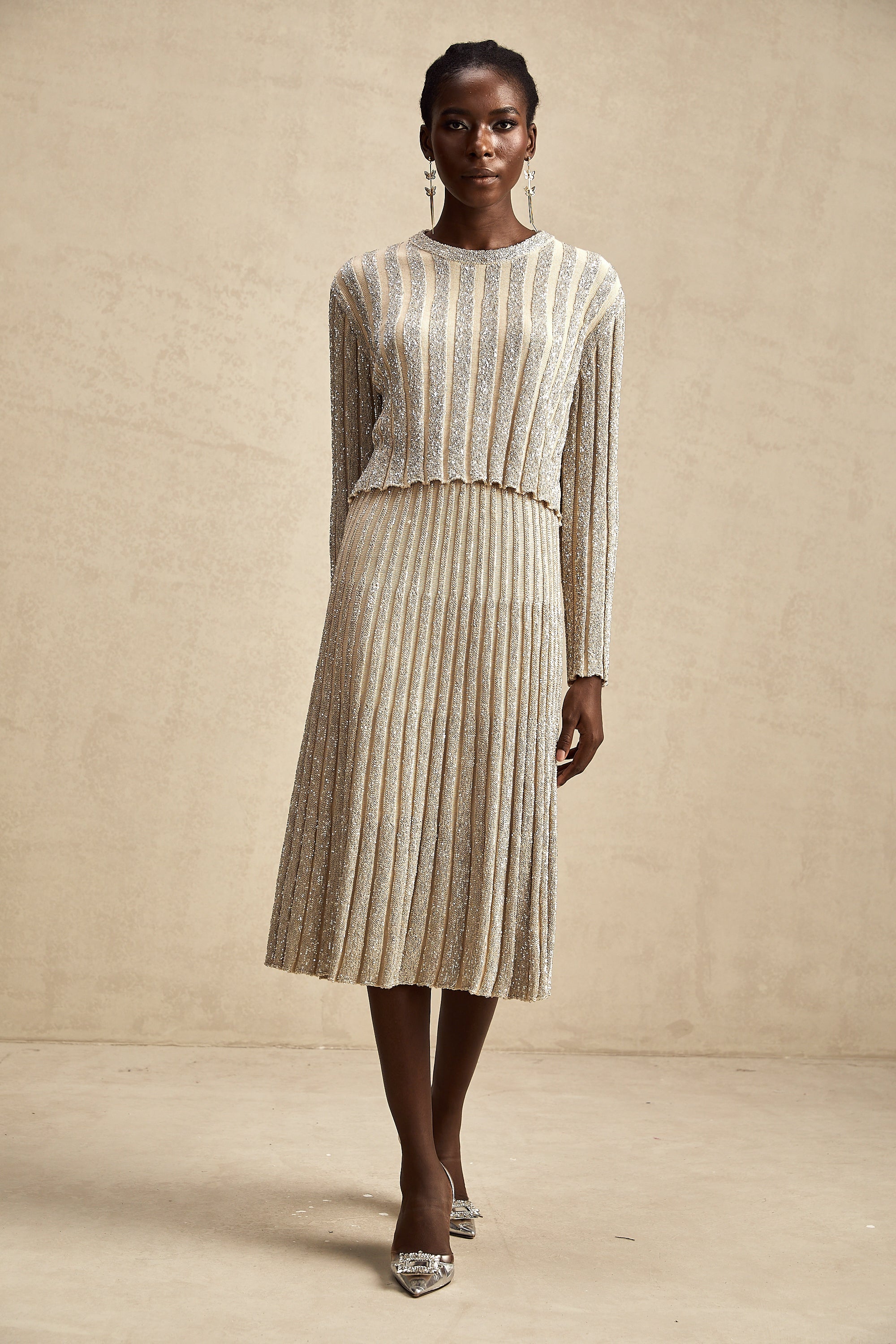 Aurore champagne stripe knit top & skirt matching set (US Only)