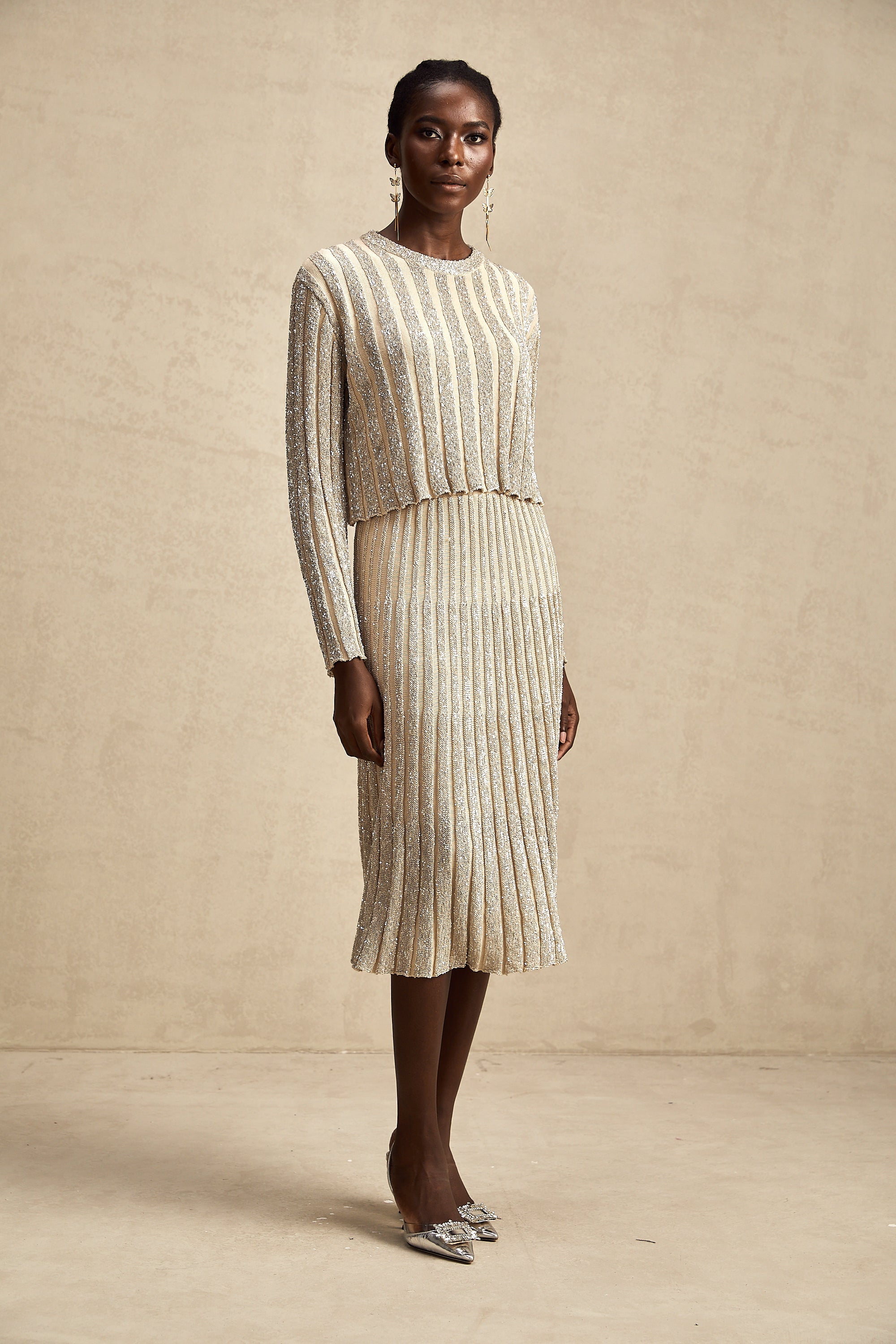 Aurore champagne stripe knit top & skirt matching set (US Only)