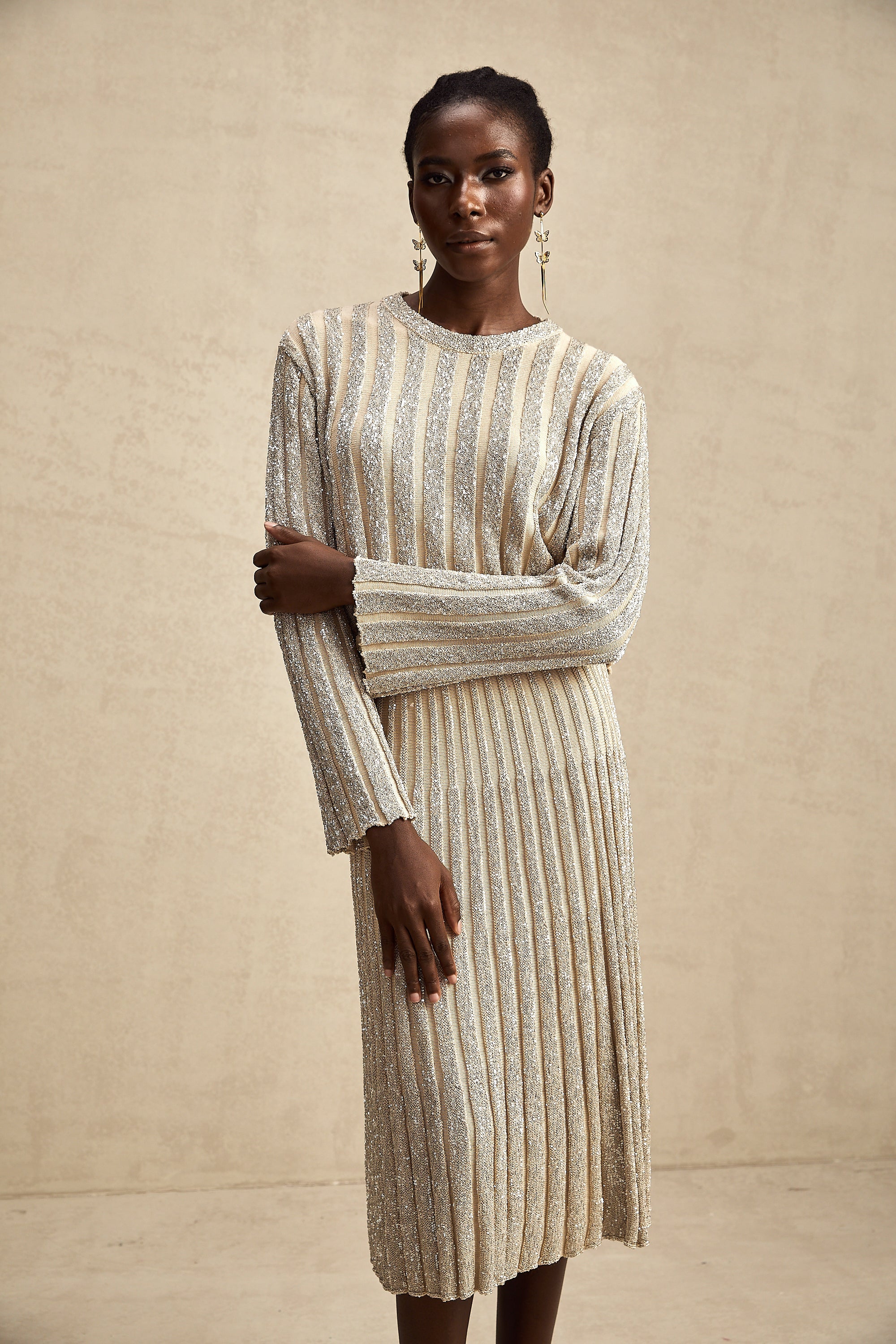 Aurore champagne stripe knit top & skirt matching set (US Only)