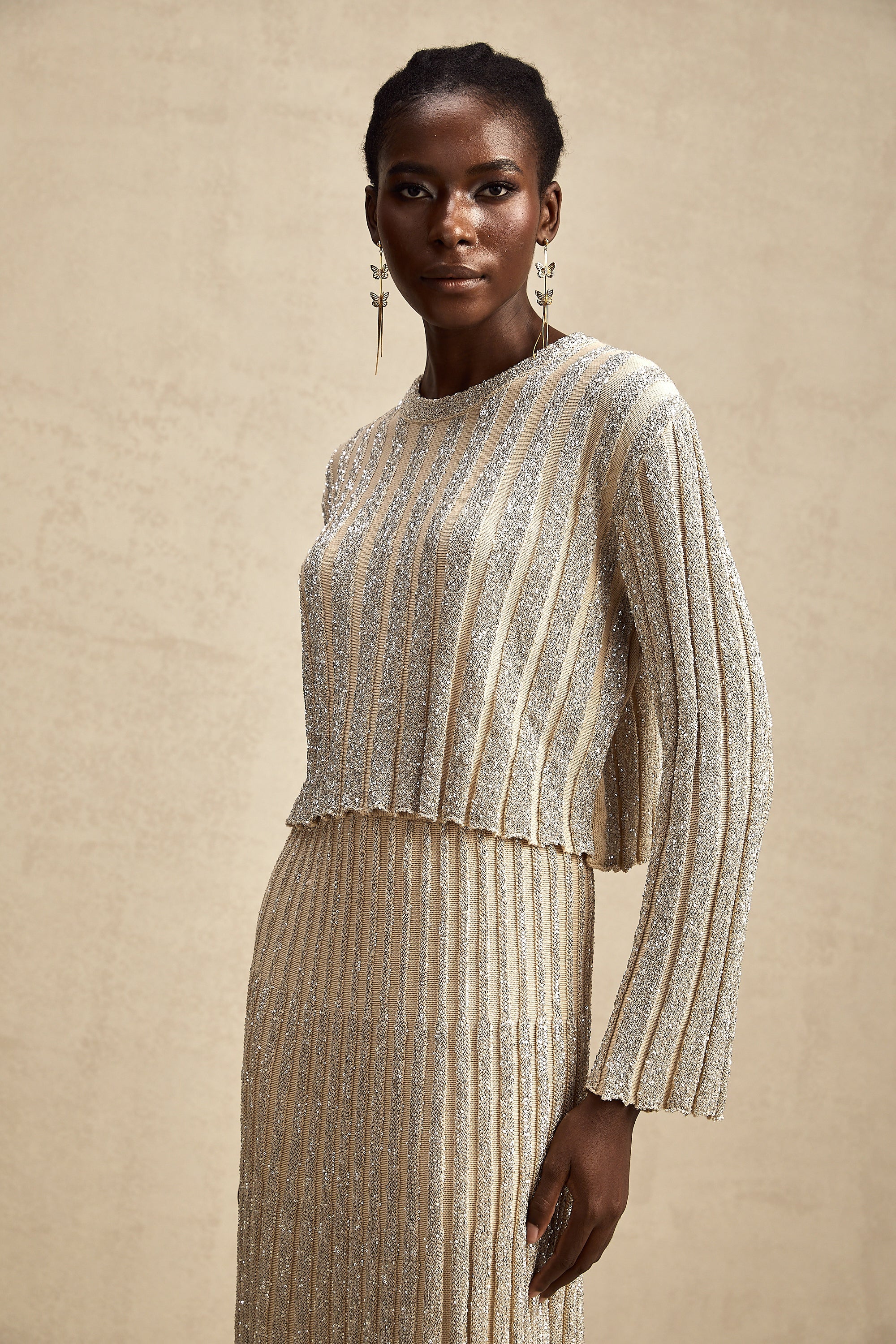 Aurore champagne stripe knit top & skirt matching set (US Only)