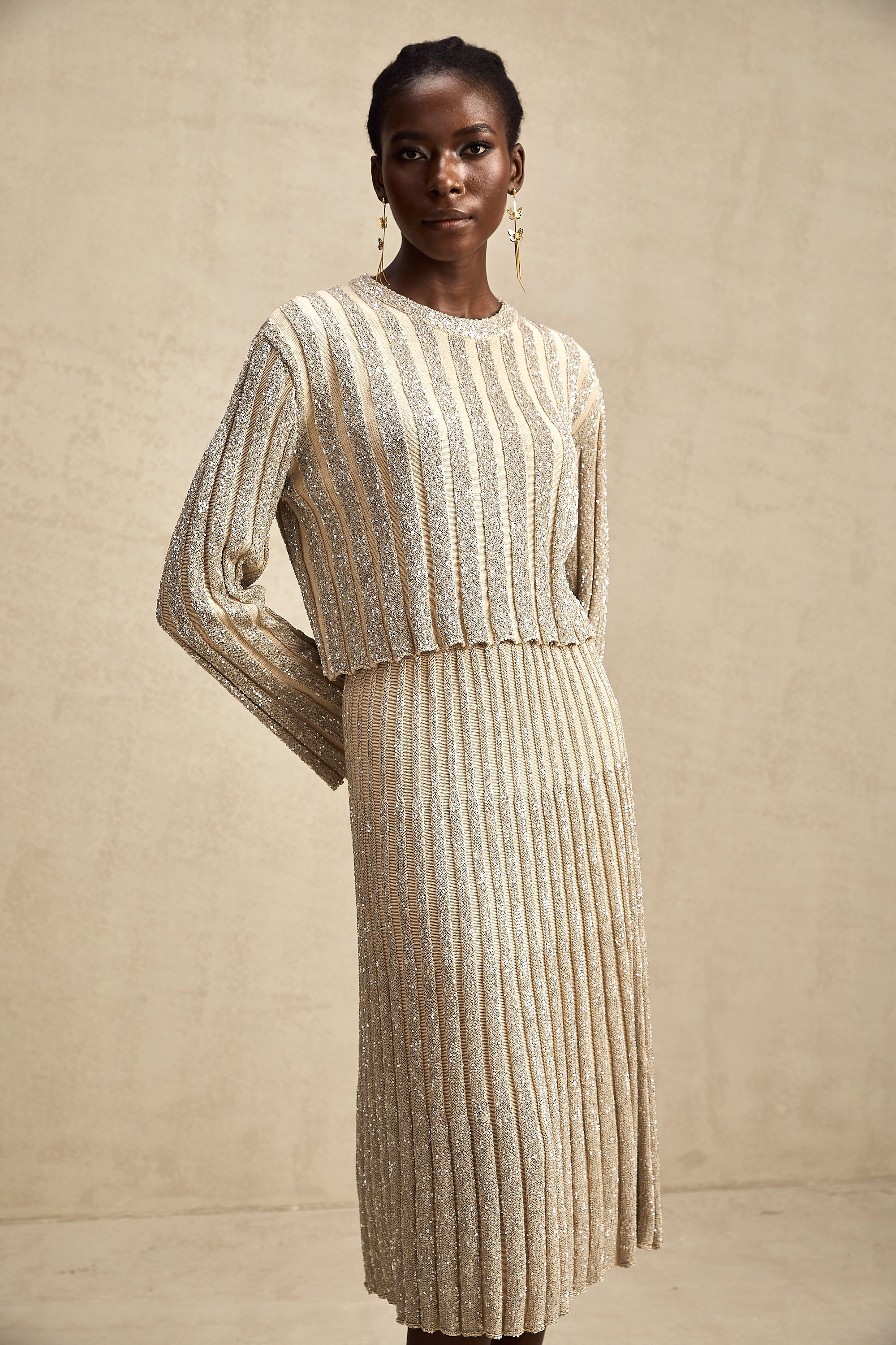 Aurore champagne stripe knit top & skirt matching set (US Only)