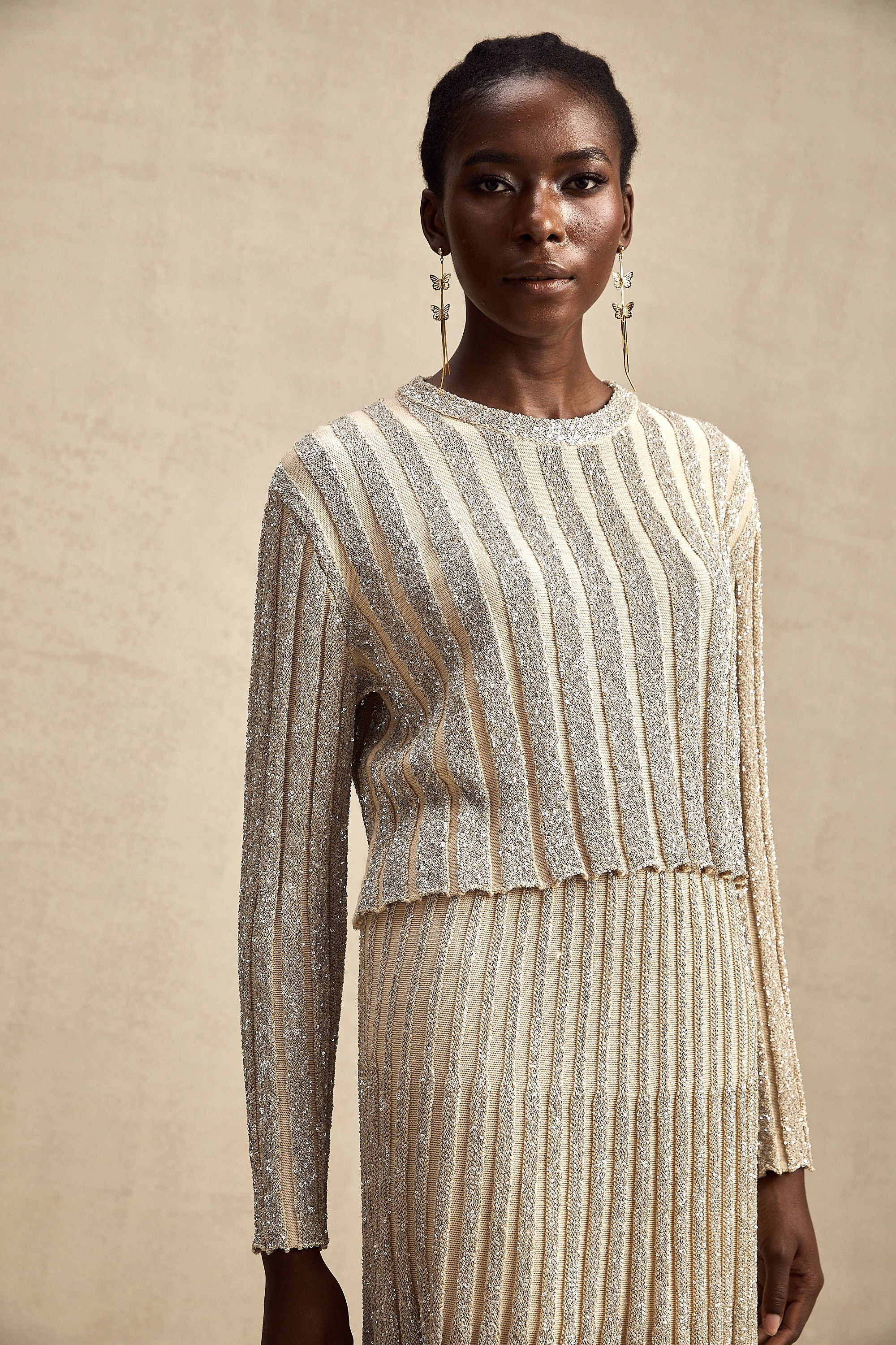 Aurore champagne stripe knit top & skirt matching set (US Only)