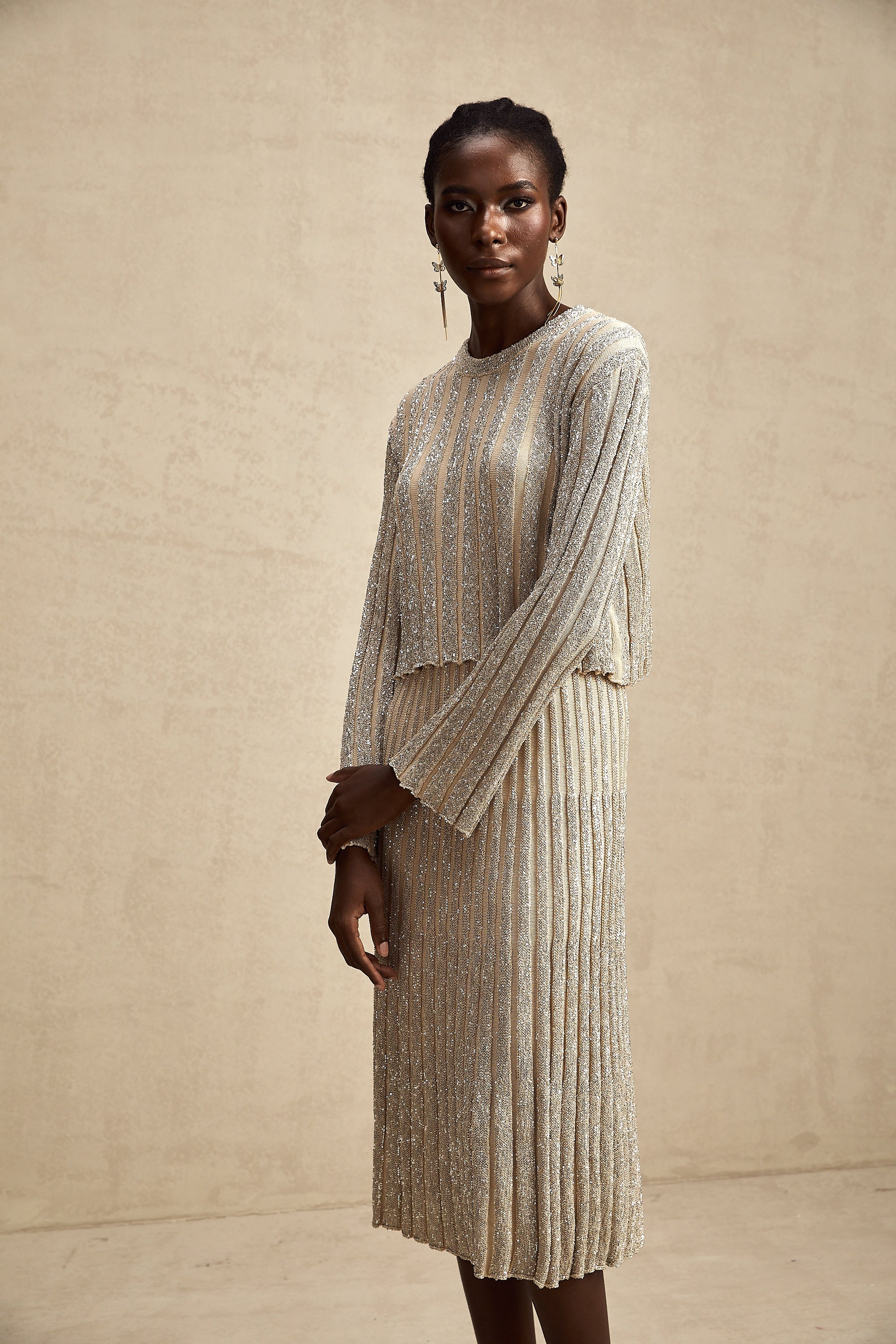 Aurore champagne stripe knit top & skirt matching set (US Only)