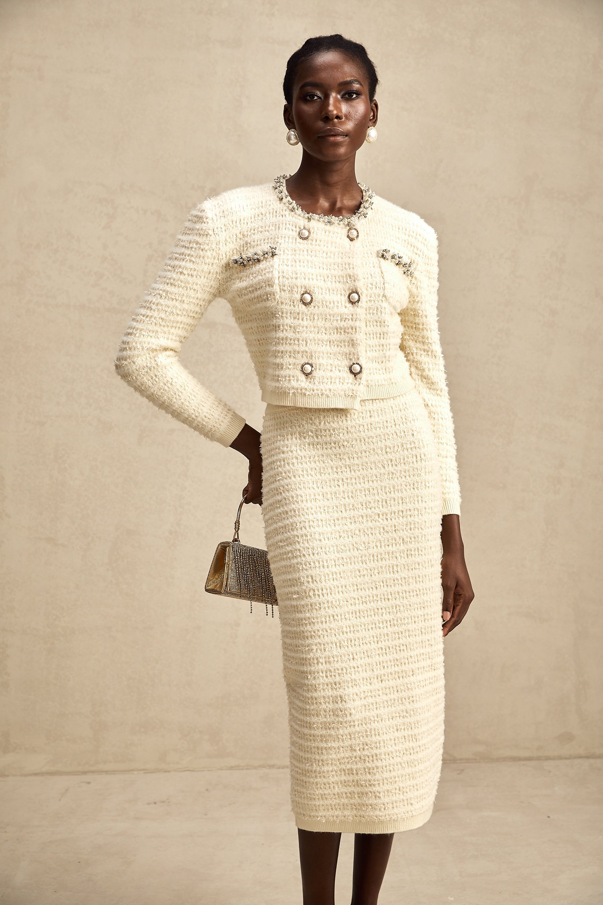 Justine embellished knit cardigan & skirt matching set (Final Sale)