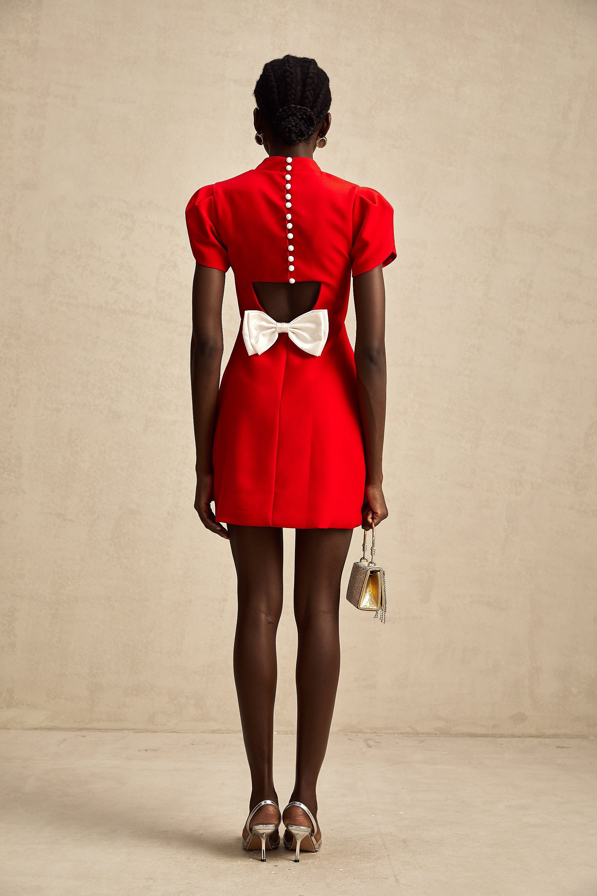 Anna red petal-sleeve cut-out bow mini dress (US Only)