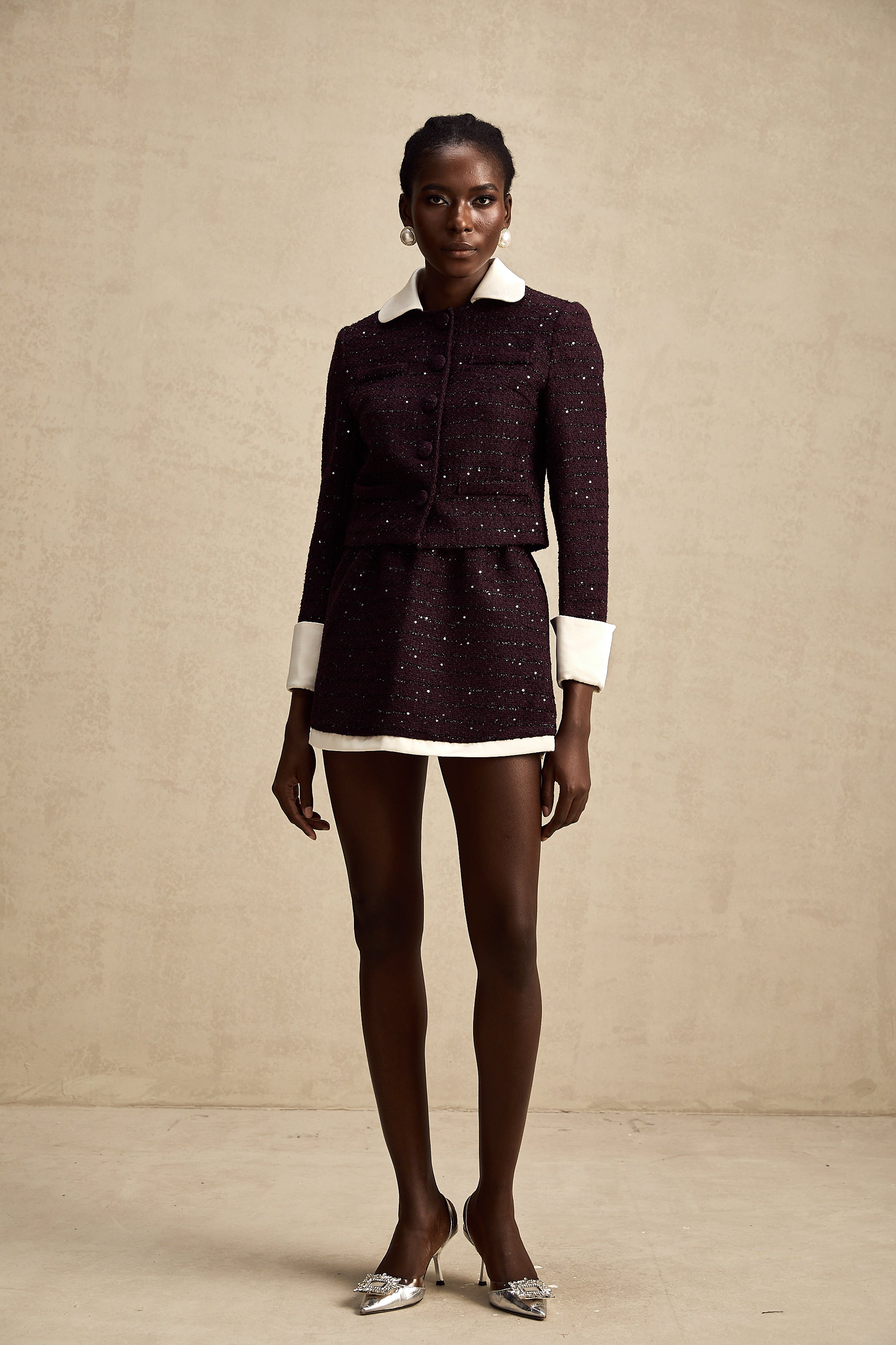 Brigitte purple sequined tweed jacket & skirt matching set (Final Sale)