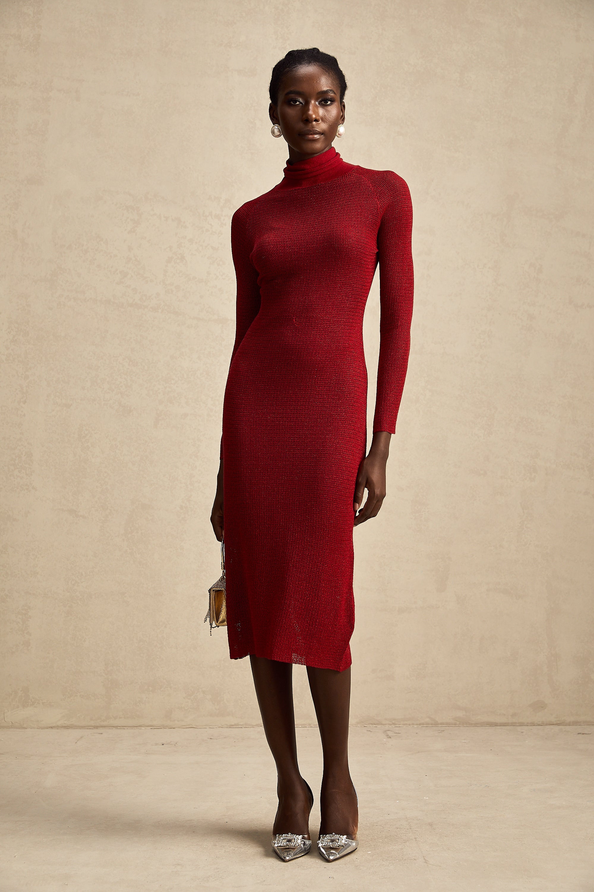 Arianee red metallic pointelle midi dress (Final Sale-US Only)