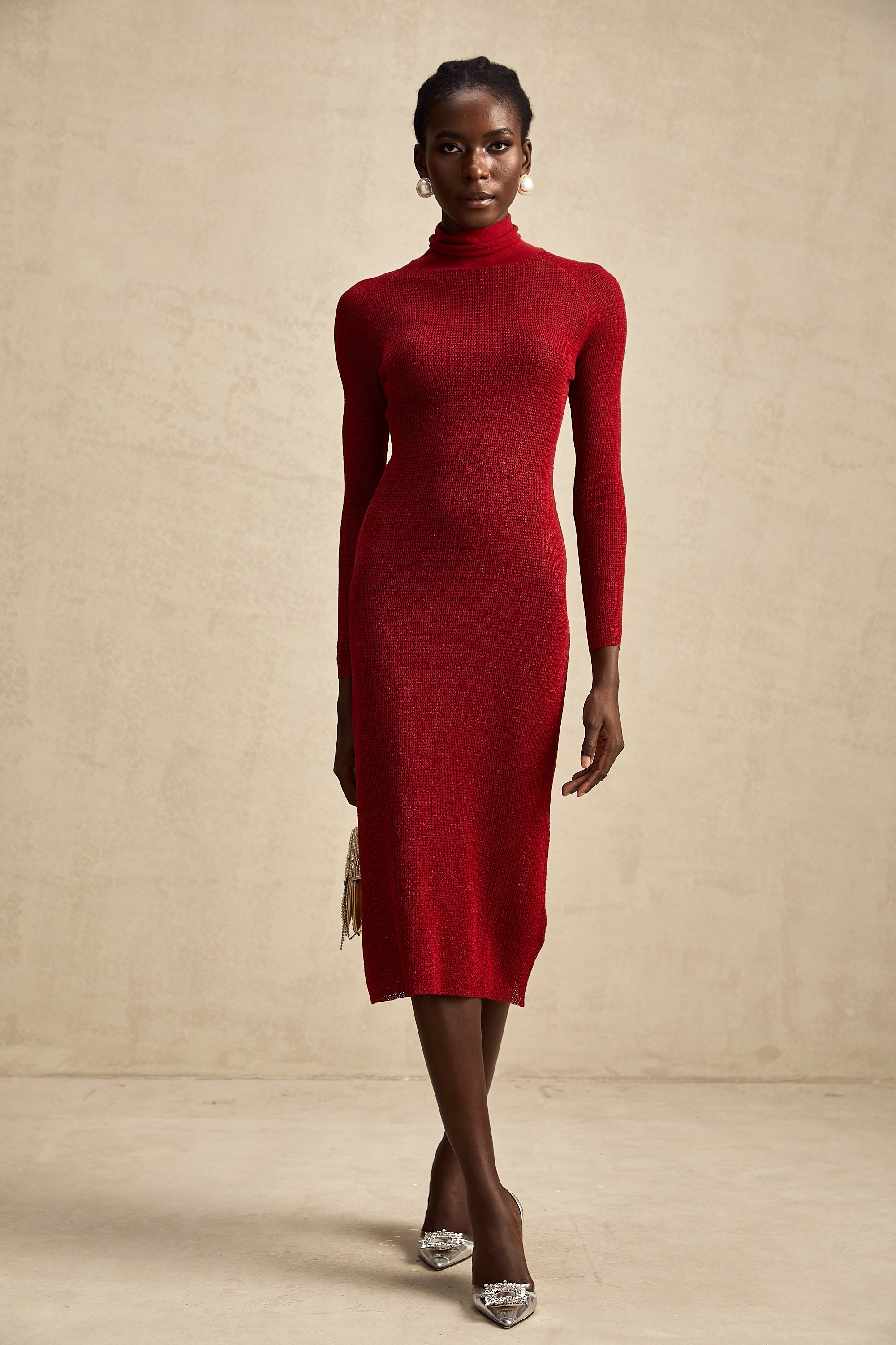 Arianee red metallic pointelle midi dress (Final Sale-US Only)