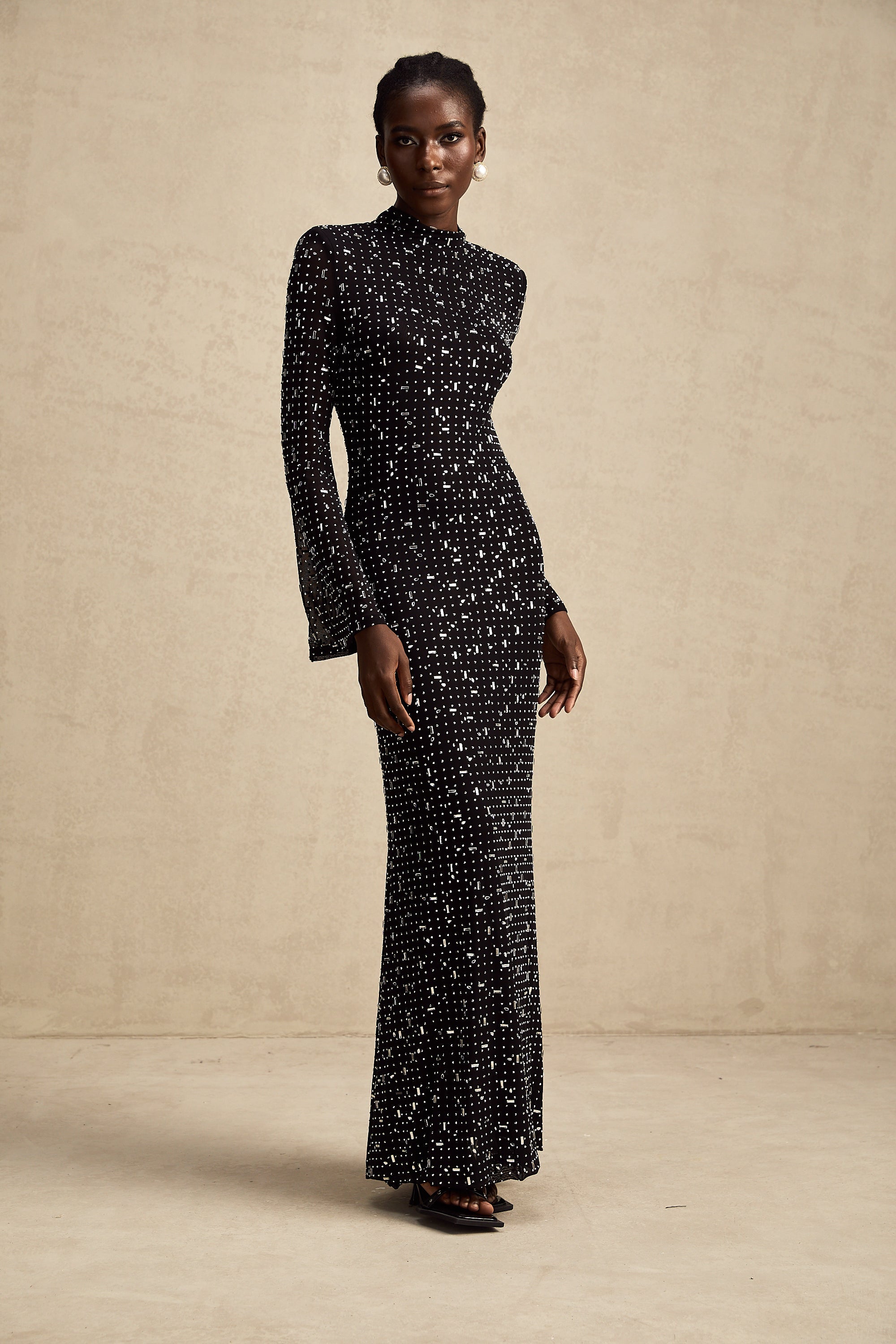 Léna black embellished semi-sheer maxi dress (Final Sale)