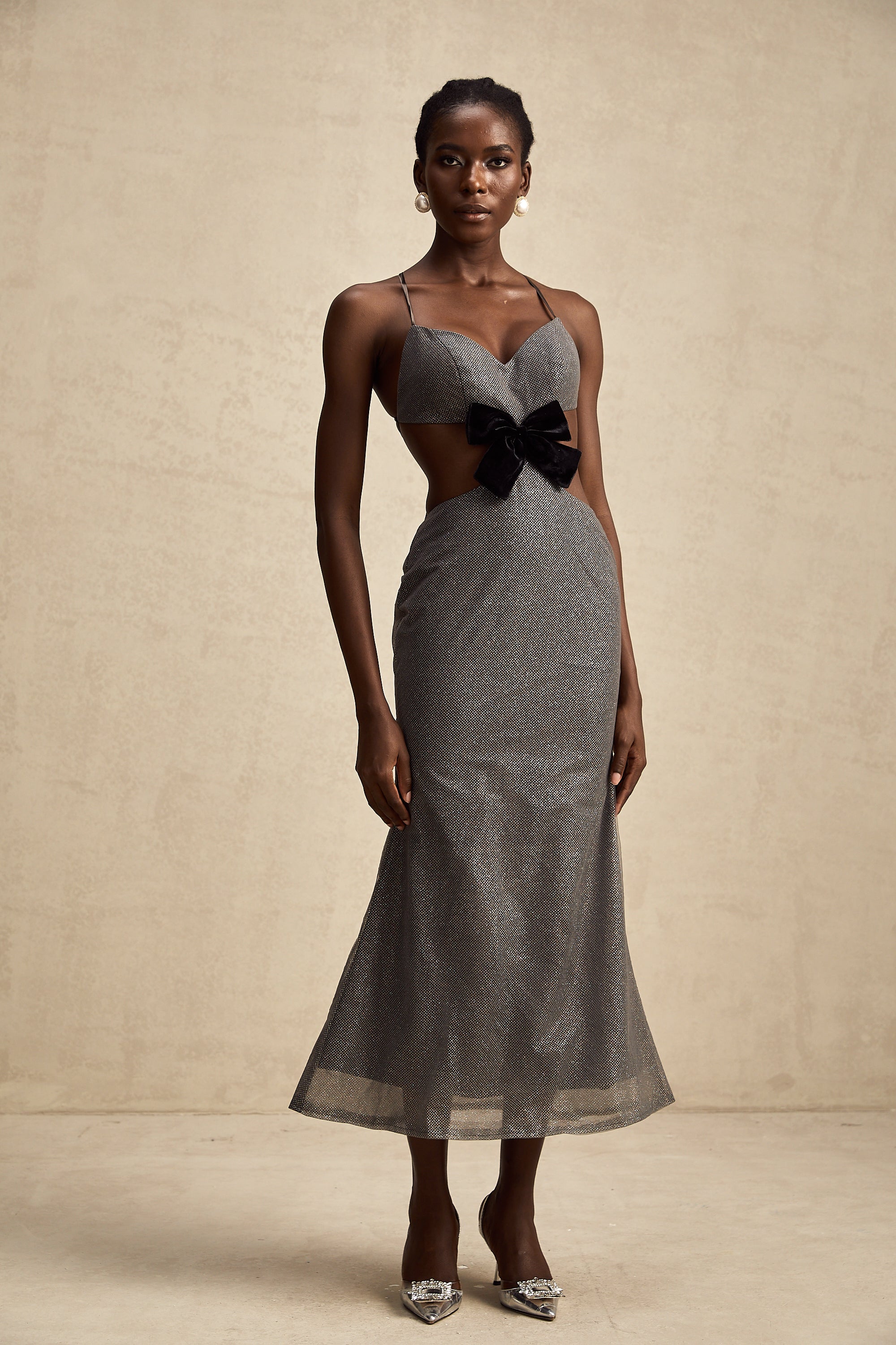 Violaine open-back bowknot sequined midi dress